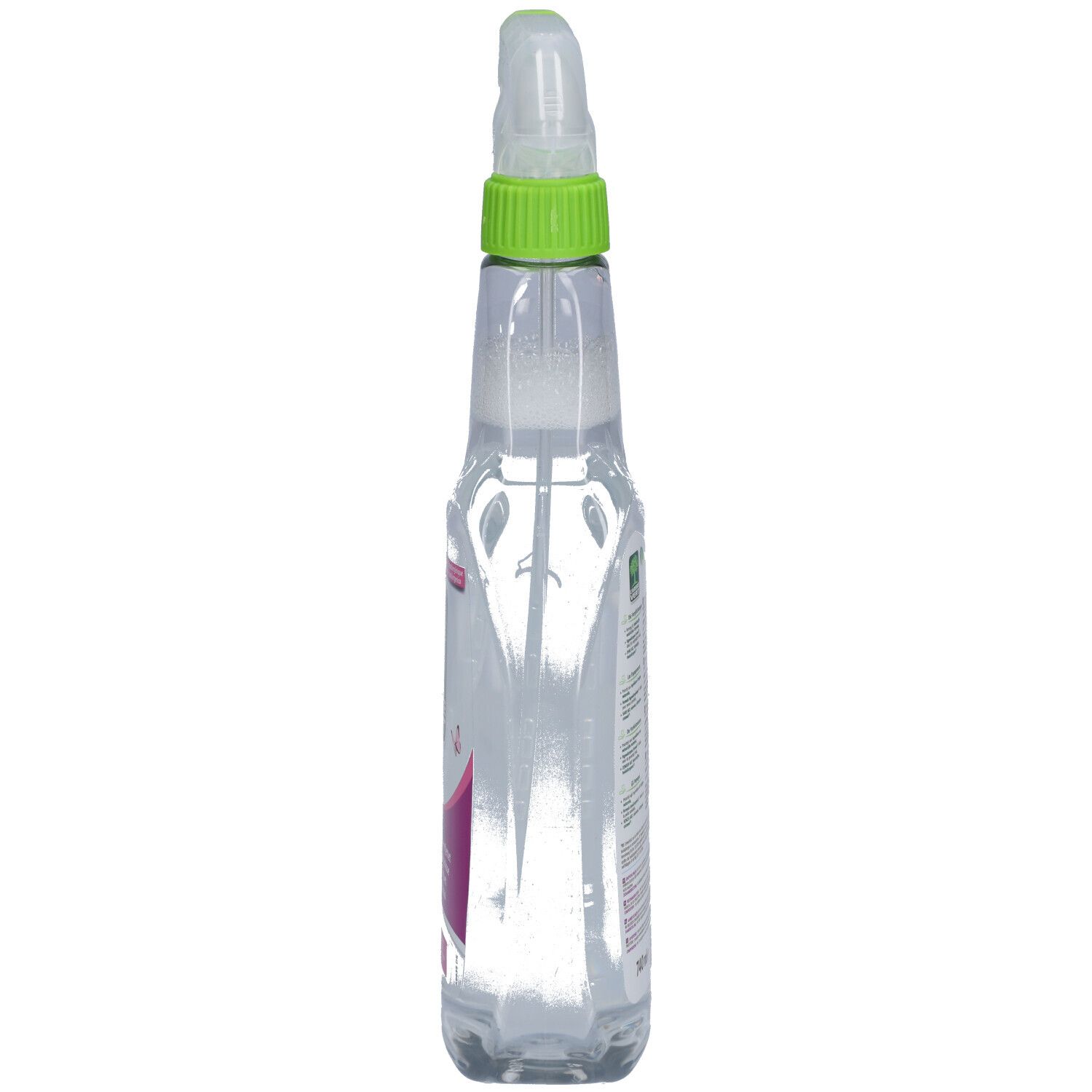Flacon pulvérisateur transparent avec tête verte. Vue latérale. Inscription et étiquette.