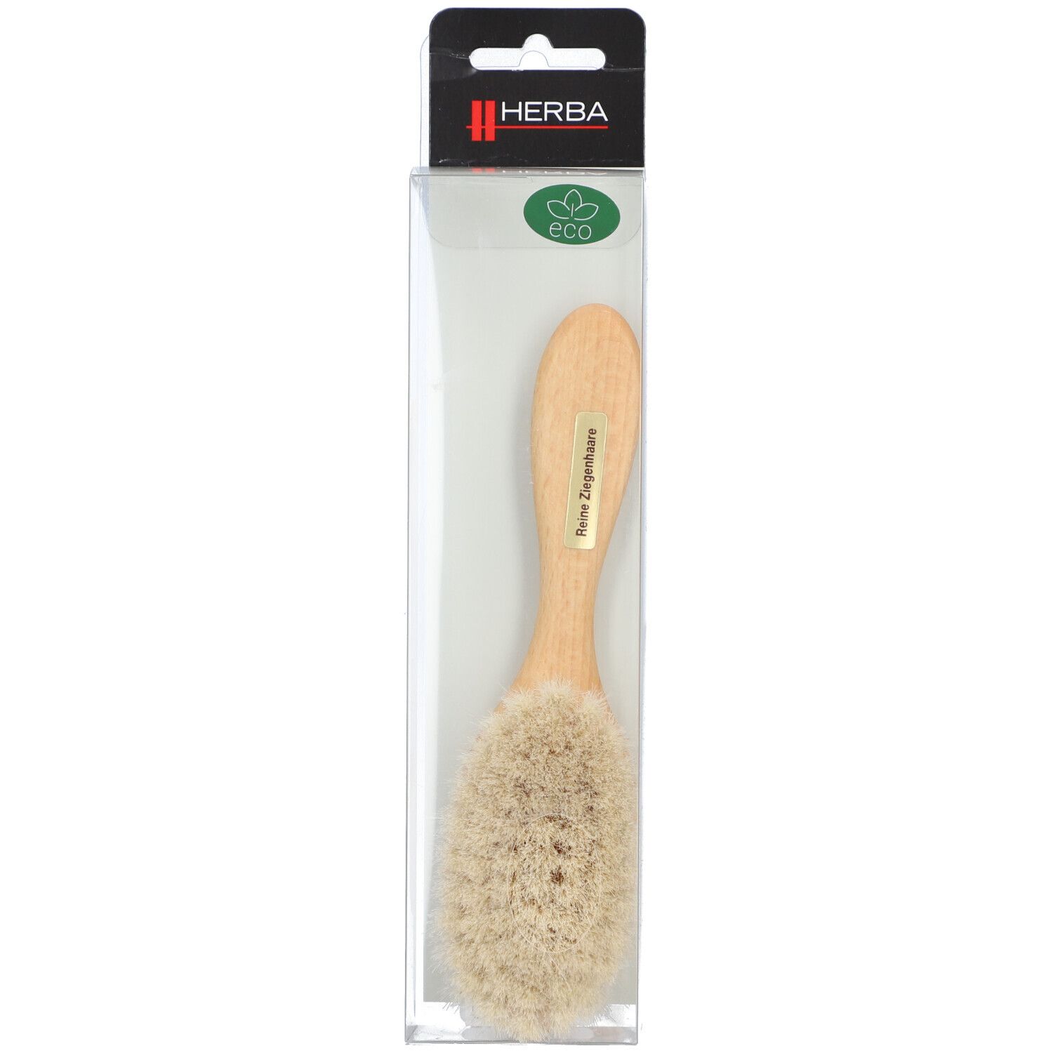 Bürste mit hellem Holzgriff und Naturhaarborsten in transparenter Verpackung. Aufdruck "HERBA" und "eco".