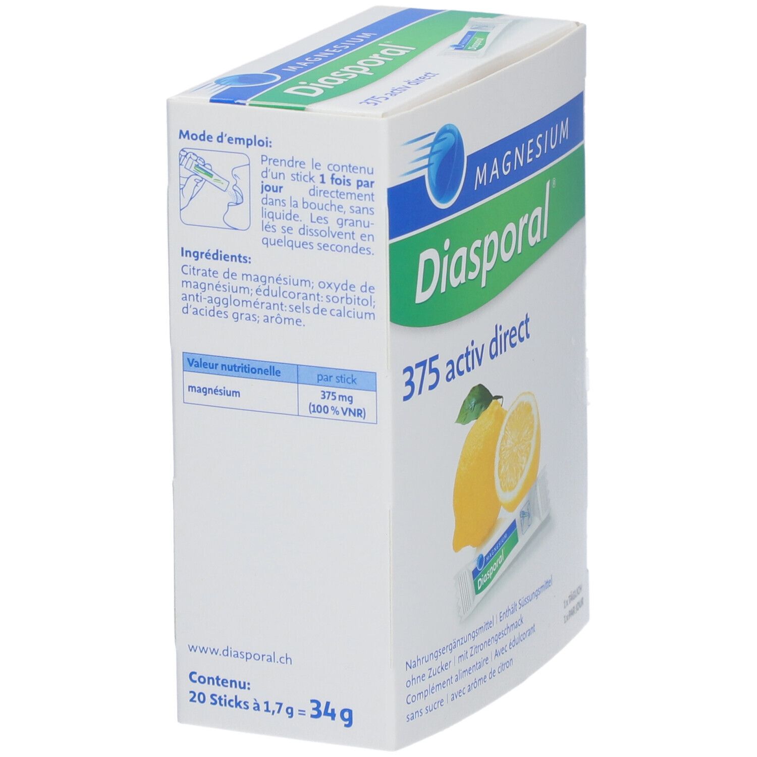 Emballage du produit en biais. Impression : Magnesium Diasporal 375 activ direct. Contient 20 sticks. Ingrédients et mode d'emploi.