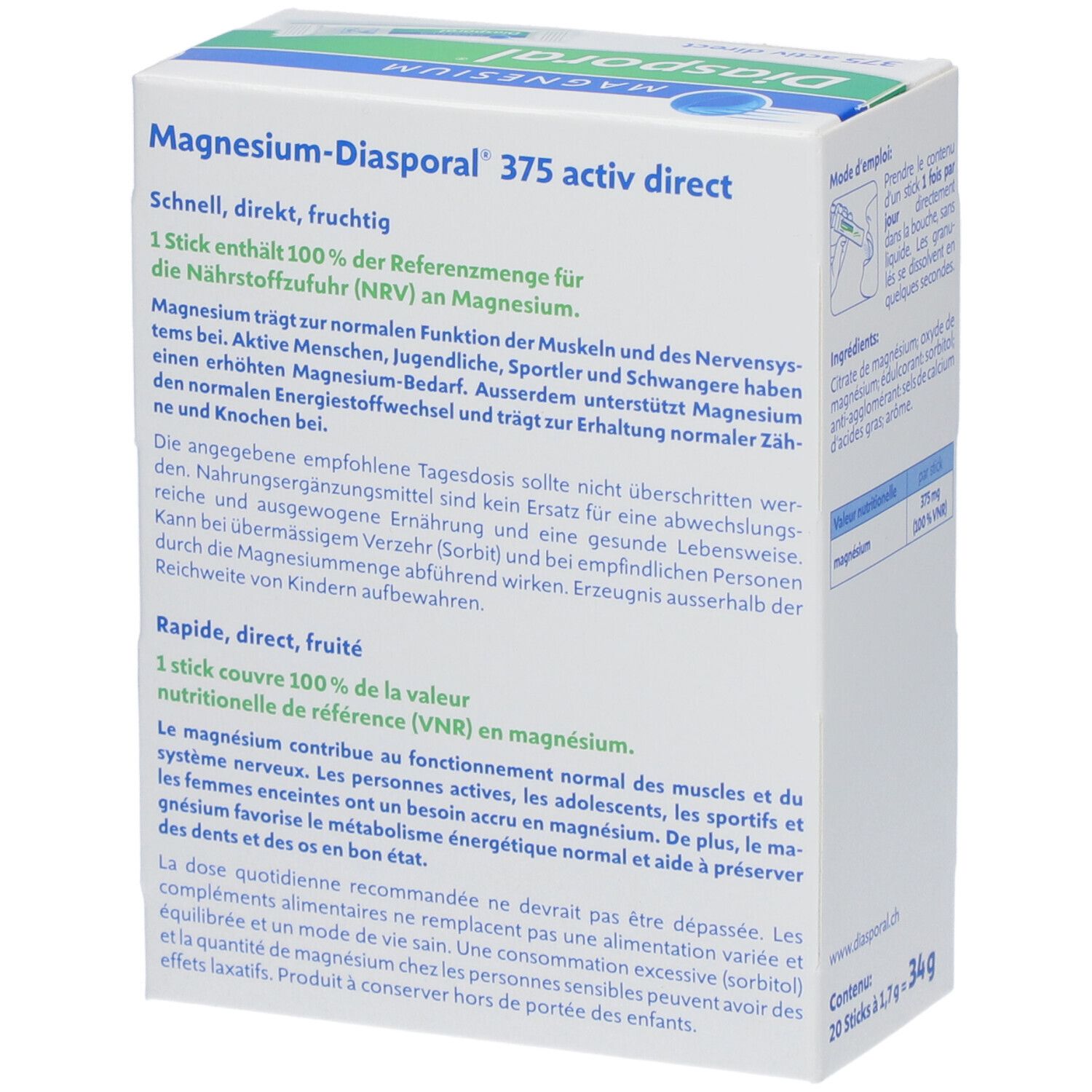 Dos de l'emballage du produit. Texte en allemand et en français. Informations sur l'utilisation et les ingrédients. Contient 20 sticks.