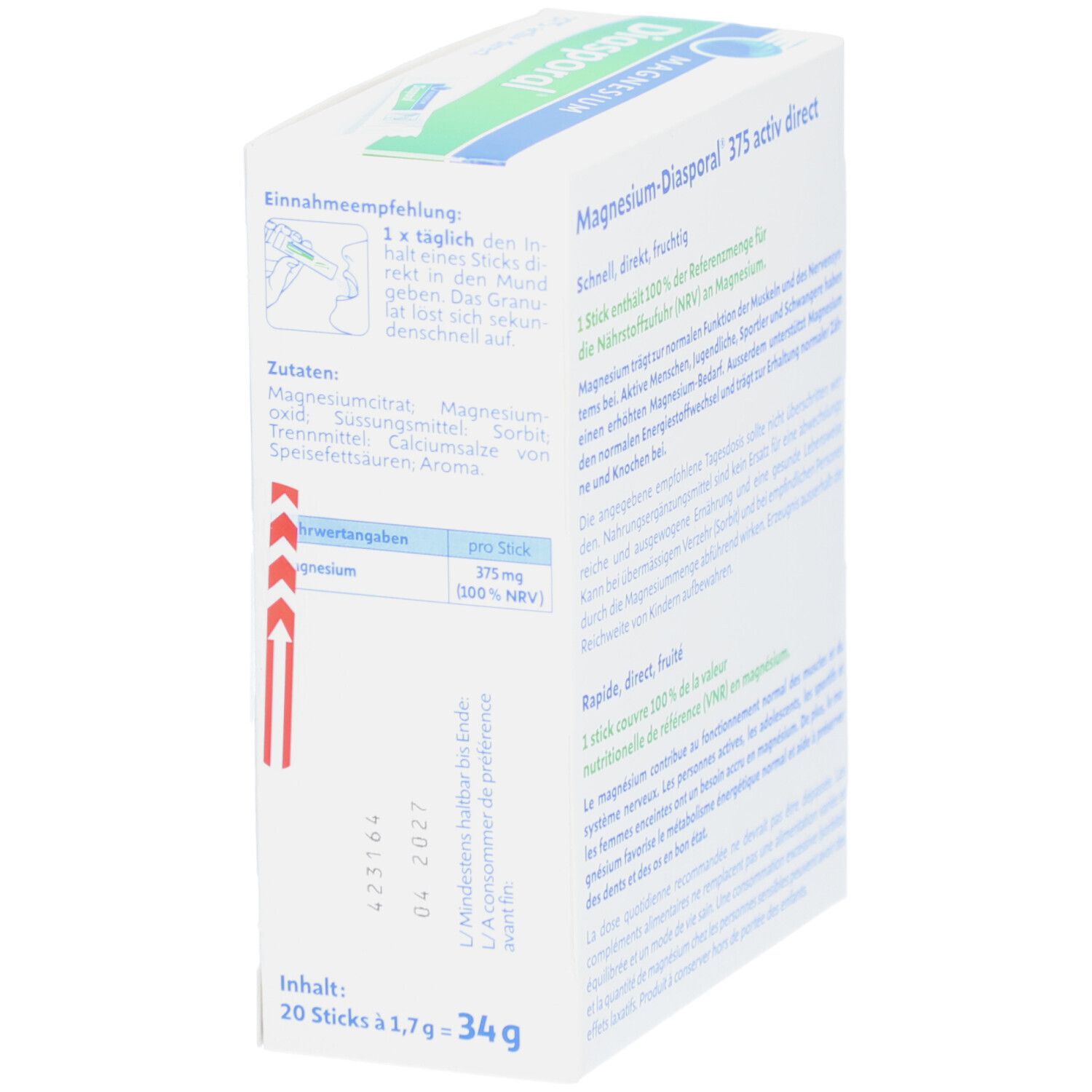 Emballage du produit en biais. Informations sur l'utilisation et les ingrédients. Contient 20 sticks. Date de péremption.