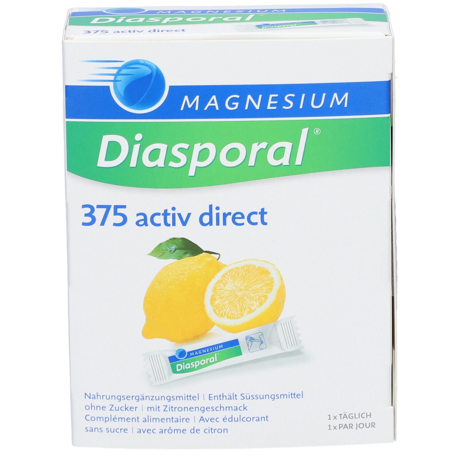 Emballage du produit avec citrons et image de stick. Inscription : Magnesium Diasporal 375 activ direct. Contient 20 sticks.