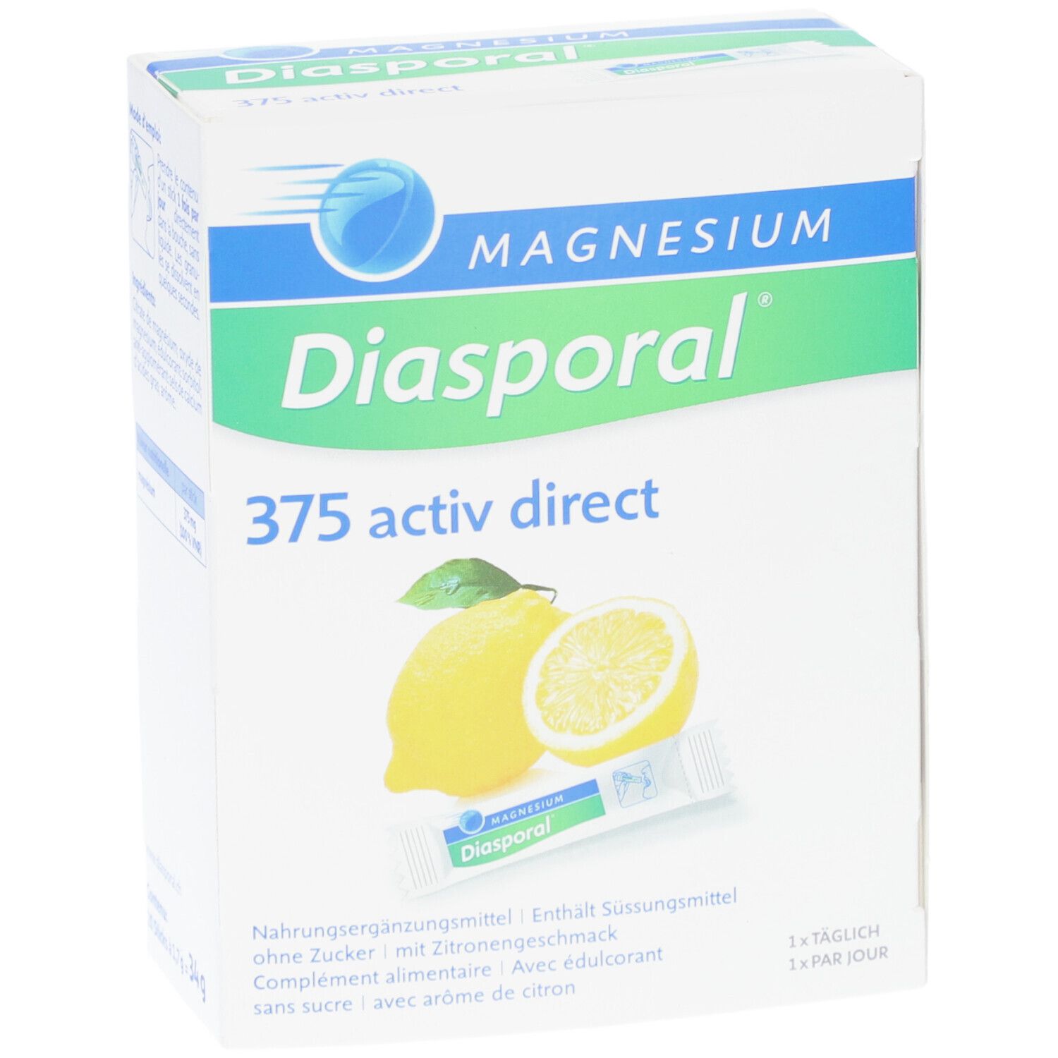 Emballage du produit avec citrons et image de stick. Inscription : Magnesium Diasporal 375 activ direct. Contient 20 sticks.
