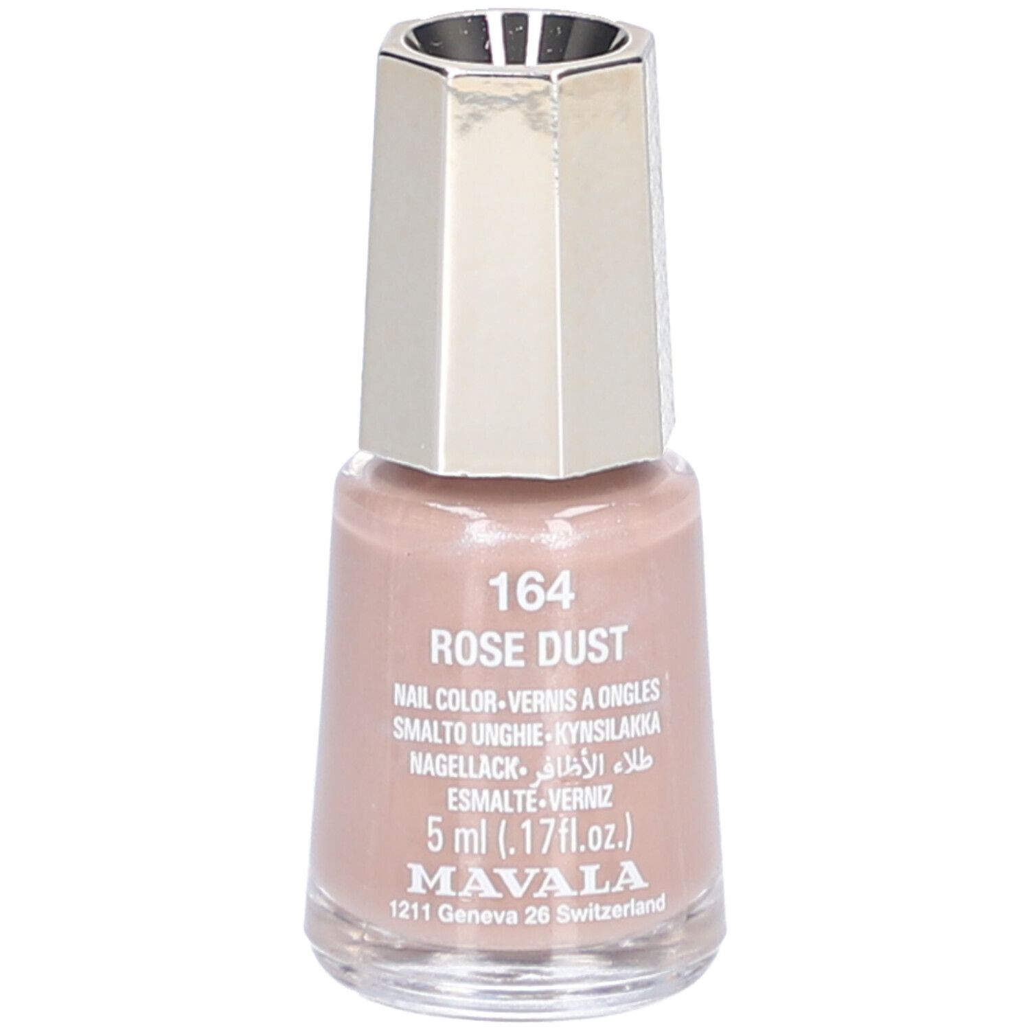Nagellackflasche, Creme Pink Dust. Farbnummer 164. Silberfarbener Deckel. Marke Mavala. 5 ml.