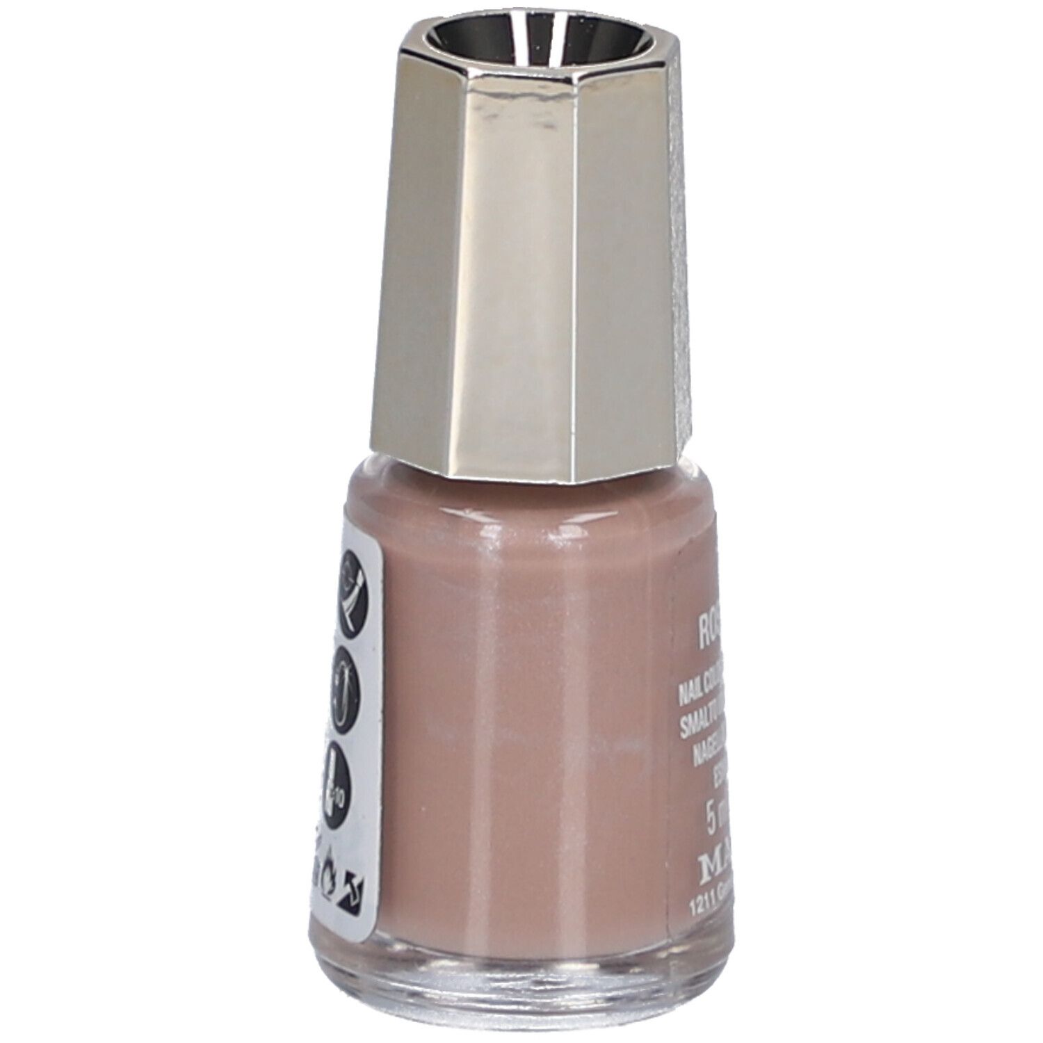 Nagellackflasche, Creme Pink Dust. Aufkleber mit Informationen. Marke Mavala. 5 ml.