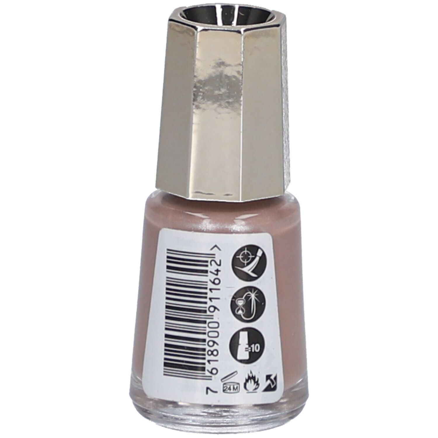 Nagellackflasche, Creme Pink Dust. Rückseite mit Barcode und Symbolen. Marke Mavala. 5 ml.