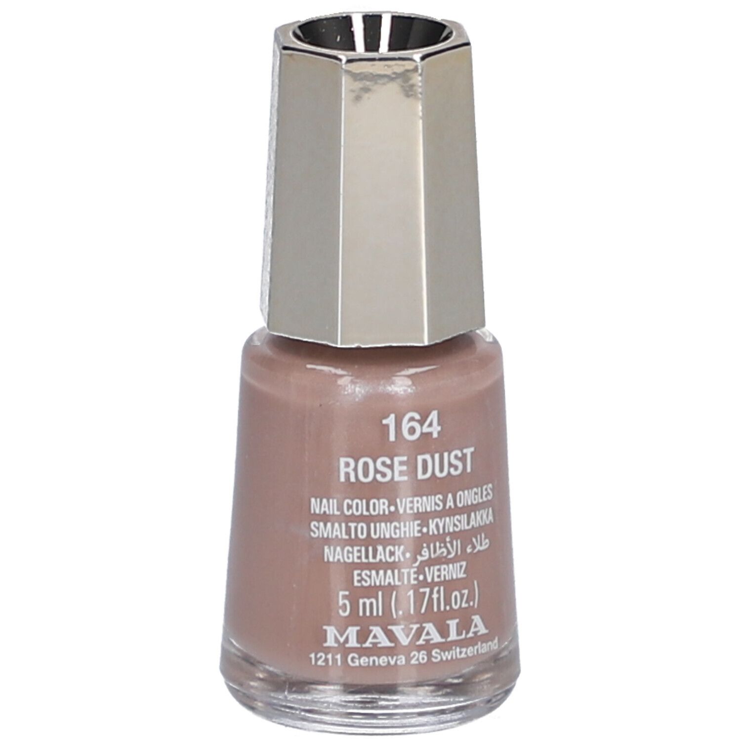 Nagellackflasche, Creme Pink Dust. Farbnummer 164. Silberfarbener Deckel. Marke Mavala. 5 ml.