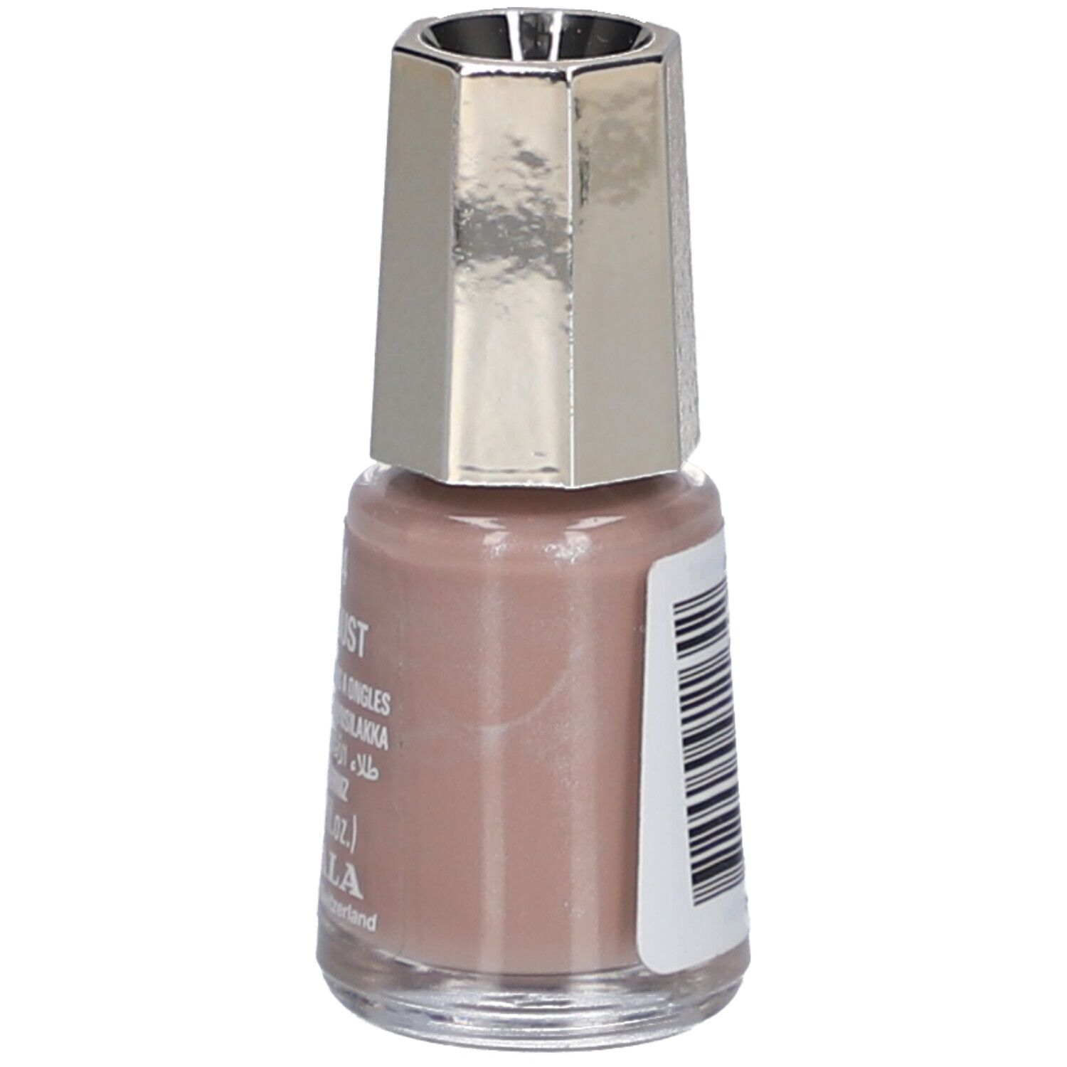 Nagellackflasche, Creme Pink Dust. Aufkleber mit Informationen. Marke Mavala. 5 ml.