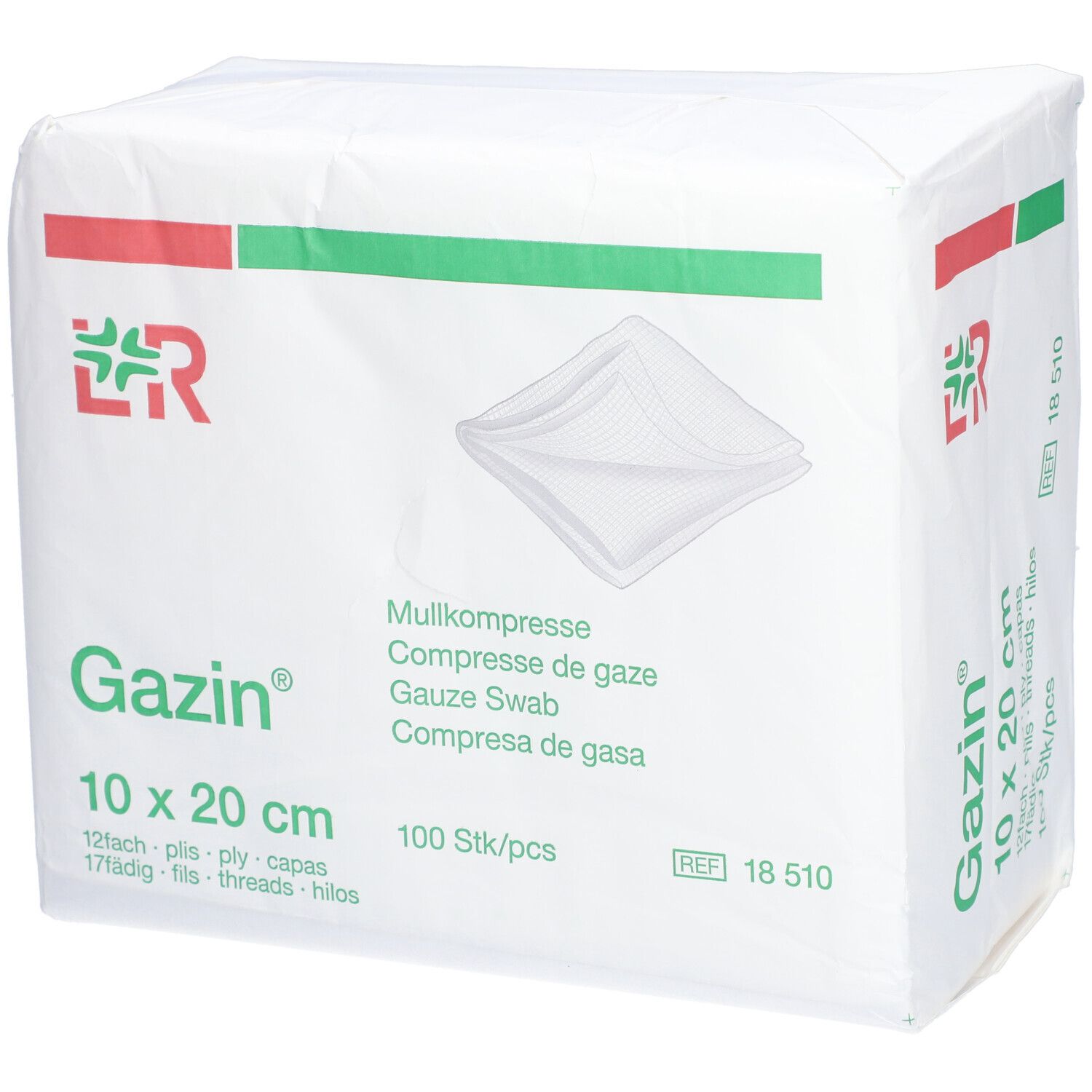 Emballage de compresses de gaze Gazin 10x20 cm. 100 pièces. Logo et nom du produit. Bandes rouges et vertes.
