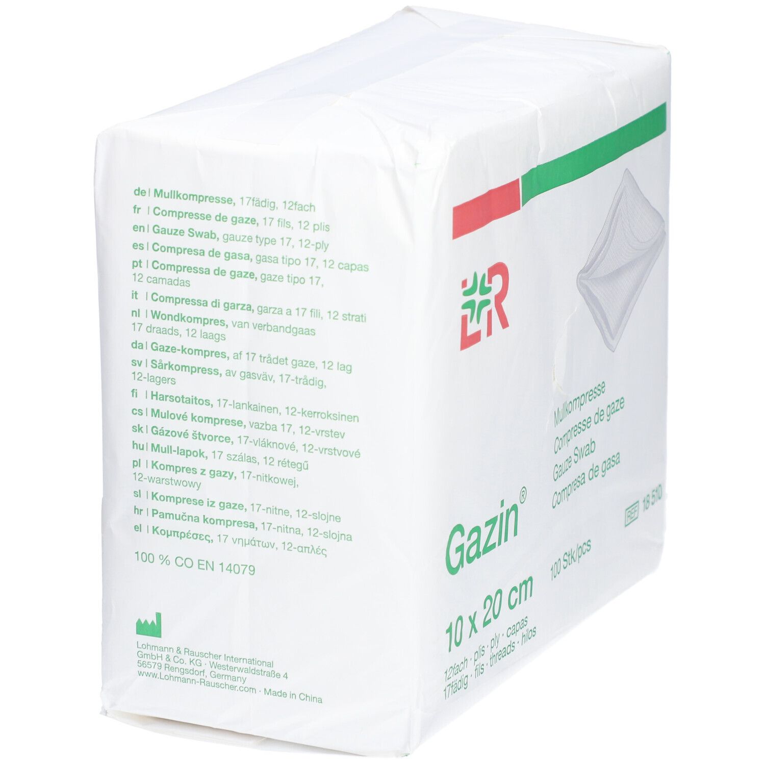 Emballage de compresses de gaze Gazin 10x20 cm. Informations multilingues. Logo et nom du produit. Bandes rouges et vertes.