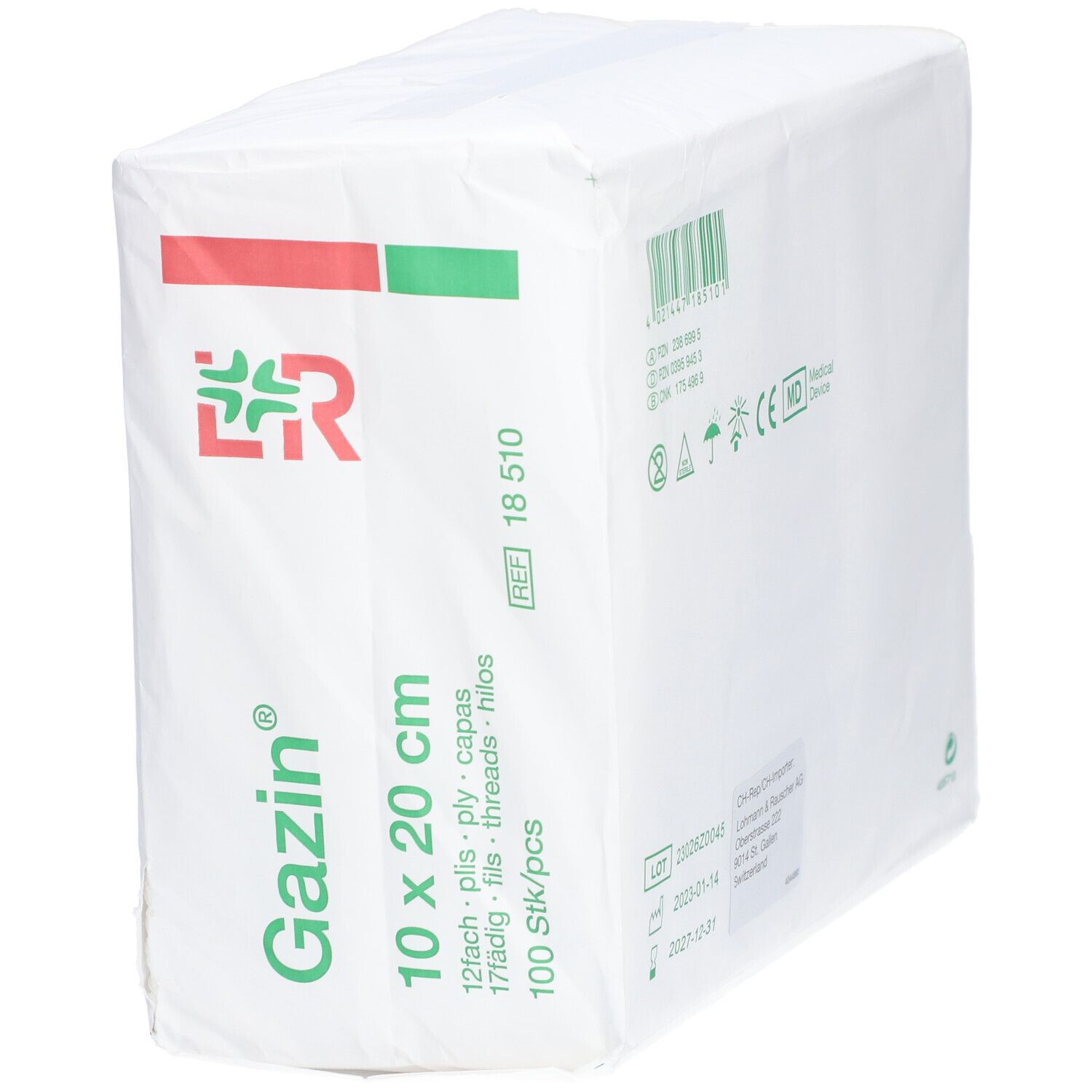 Emballage de compresses de gaze Gazin 10x20 cm. Logo, nom du produit et indication de taille. Bandes rouges et vertes.