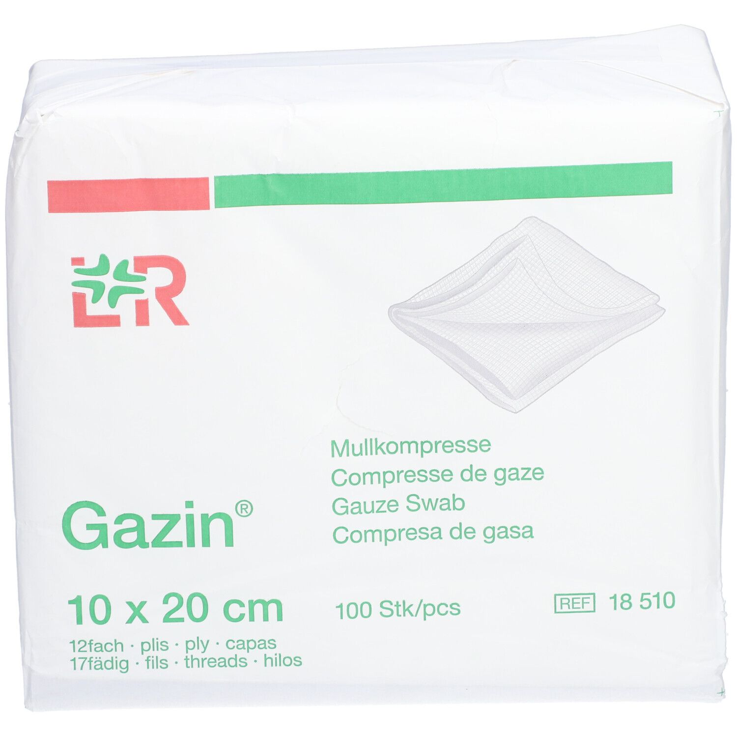Emballage de compresses de gaze Gazin 10x20 cm. Logo, nom du produit et quantité. Bandes rouges et vertes.