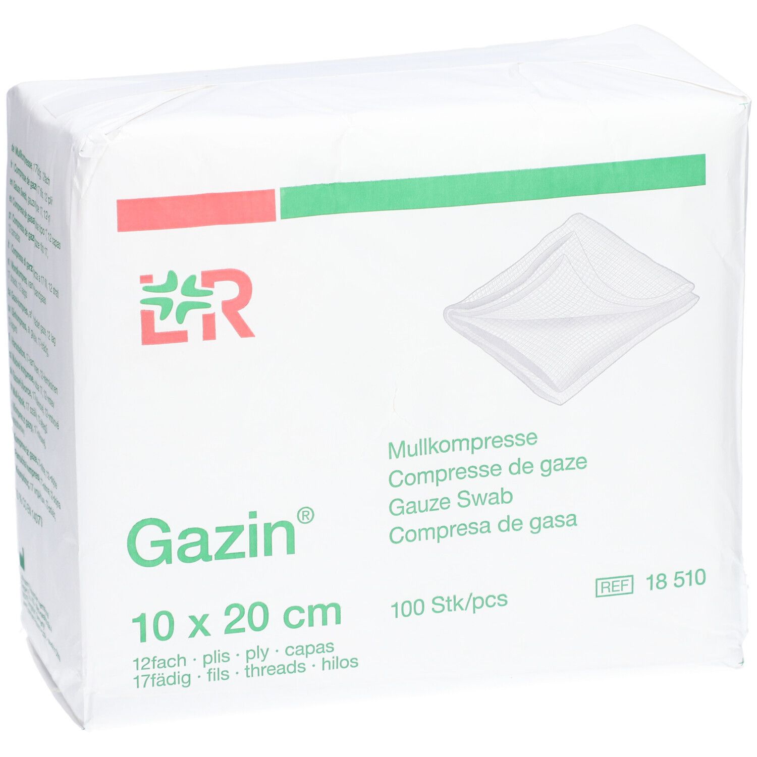 Emballage de compresses de gaze Gazin 10x20 cm. Logo, nom du produit et quantité. Bandes rouges et vertes.