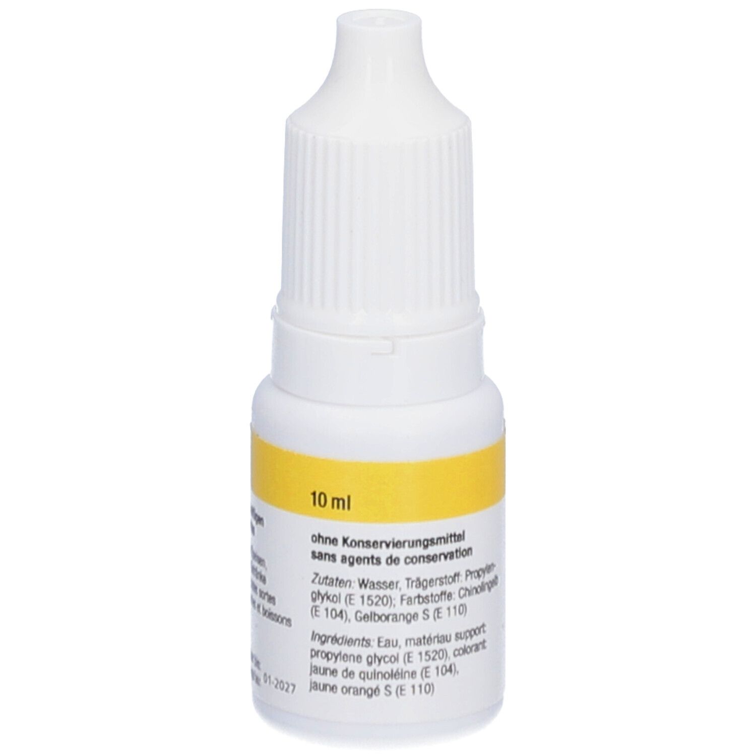 Weiße Tropfflasche mit gelbem Etikett. Aufschrift: 10 ml, ohne Konservierungsstoffe. Zutatenliste.
