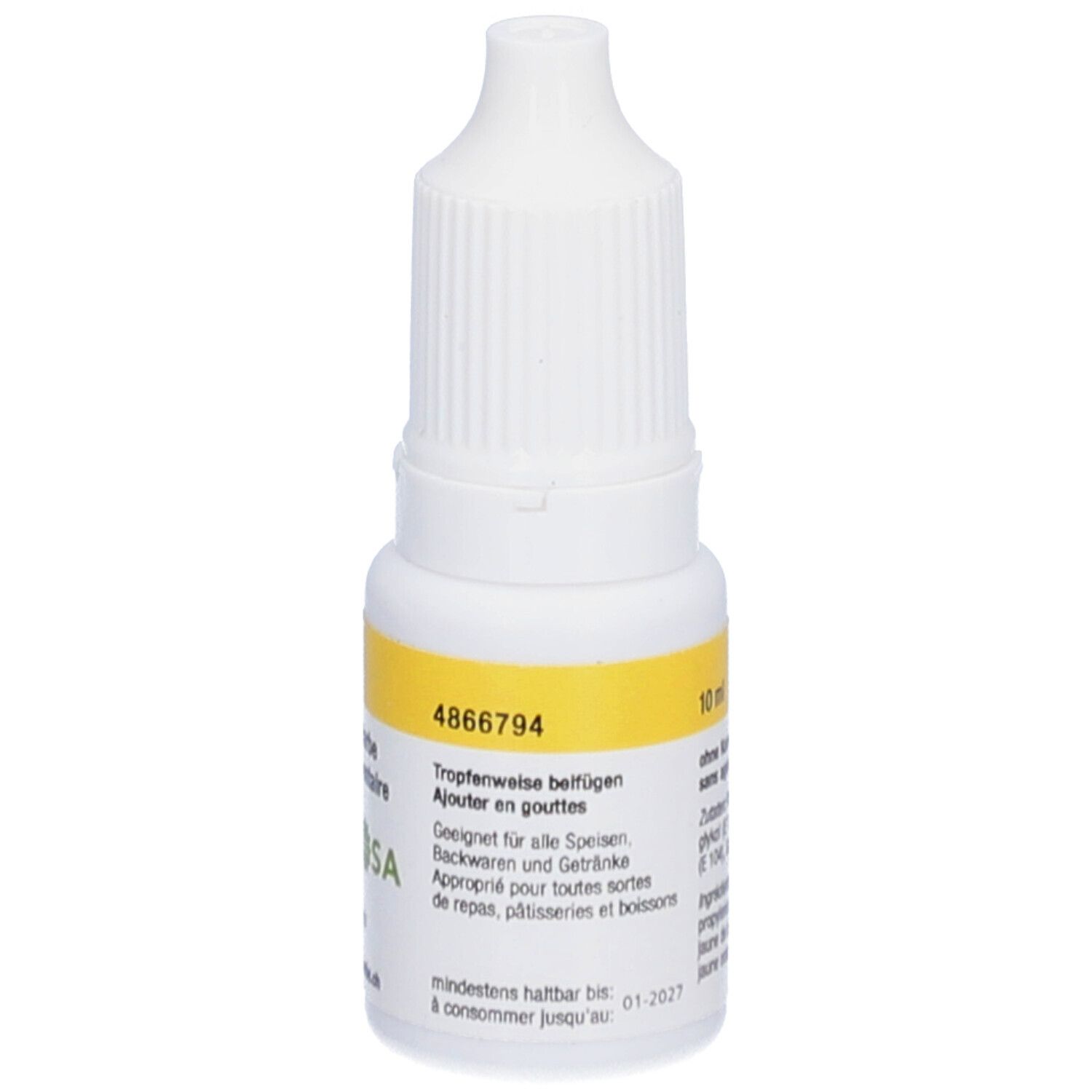 Weiße Tropfflasche mit gelbem Etikett. Aufschrift: 10 ml, 4866794, geeignet für Speisen und Getränke.