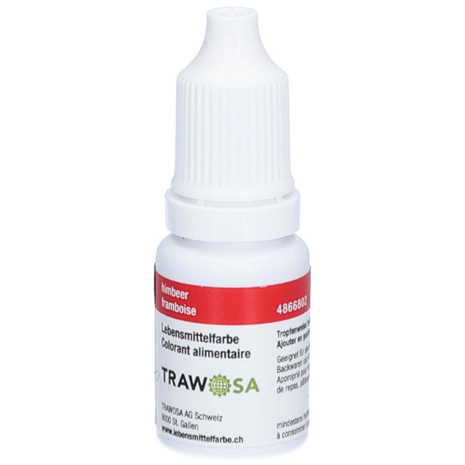 Flacon blanc avec étiquette rouge. Inscription: himbeer, Colorant alimentaire. Marque: TRAWOSA. Code: 4866802.