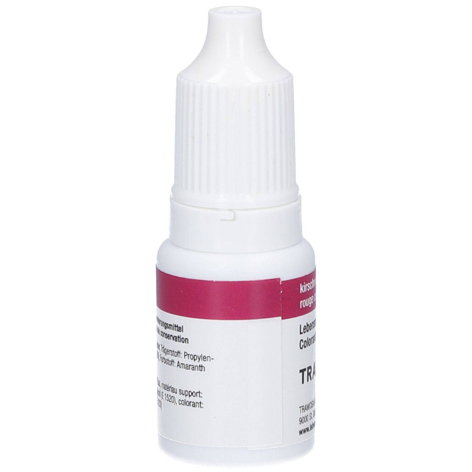 Flasche mit roter Flüssigkeit. Beschriftung: kirschrot, rouge cerise, Lebensmittelfarbe, Colorant alimentaire. Marke: TRAWOSA.