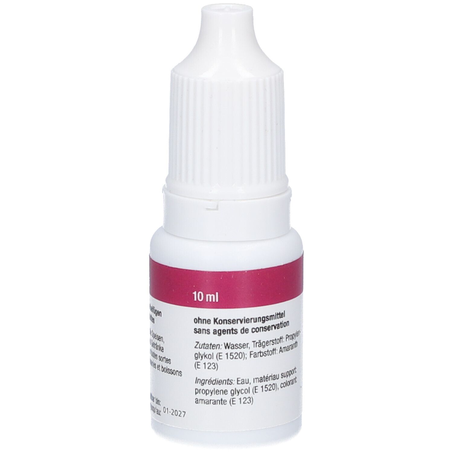 Flasche mit roter Flüssigkeit. Beschriftung: 10 ml, ohne Konservierungsmittel. Zutatenliste. Marke: TRAWOSA.