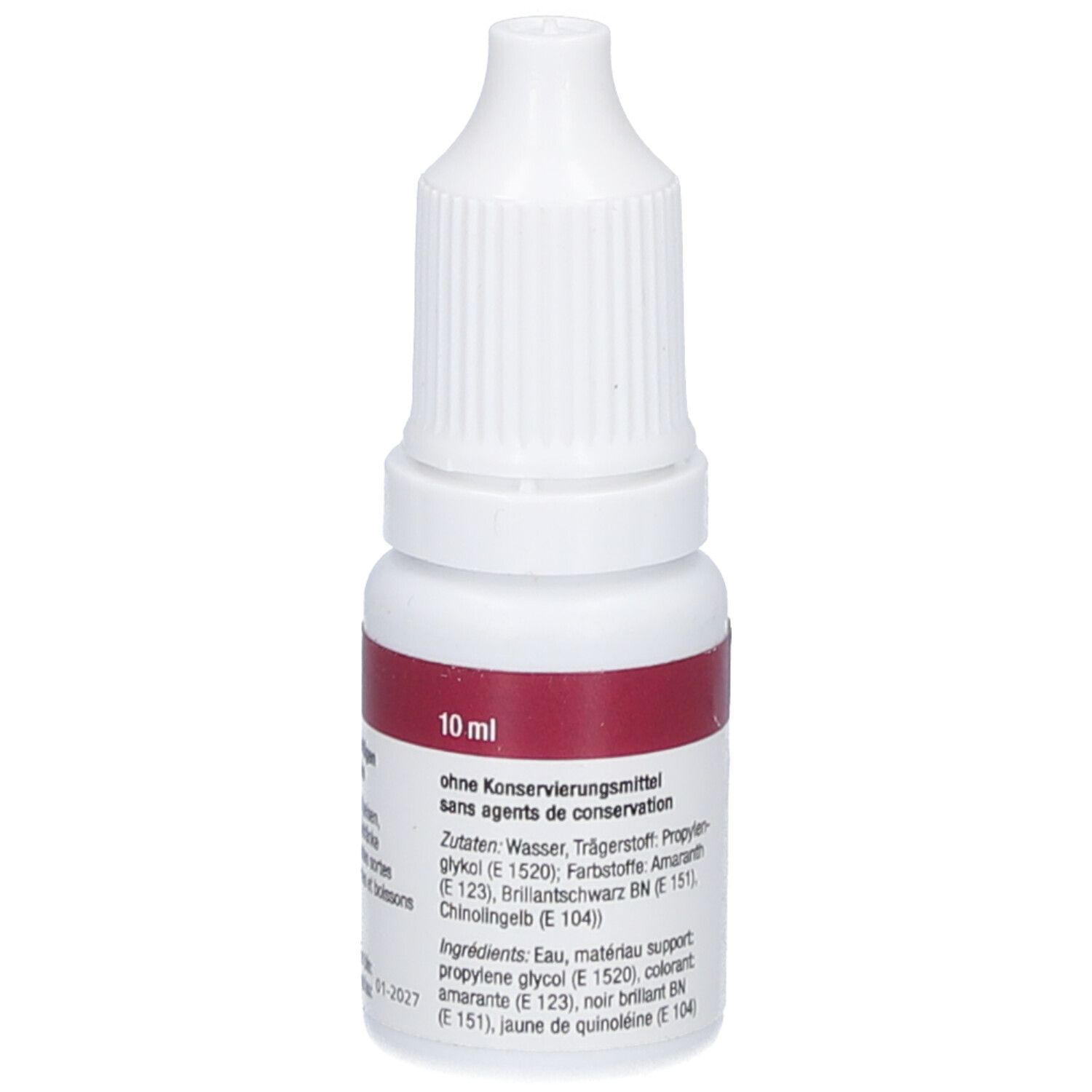 Flacon blanc avec étiquette rouge. Texte: 10 ml, sans conservateurs. Ingrédients en allemand et français.
