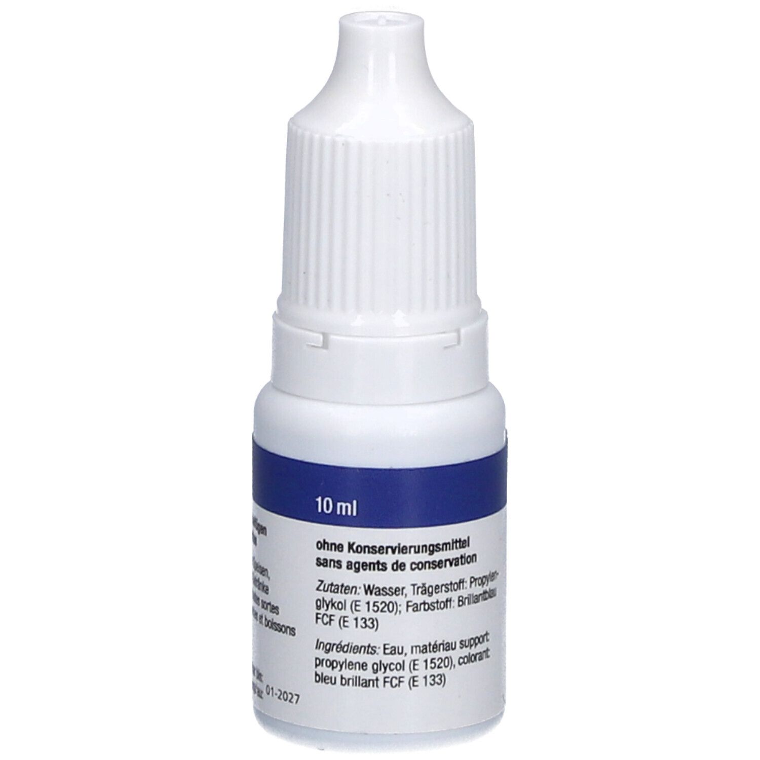 Blaue Lebensmittelfarbe in einer weißen Tropfflasche. Aufschrift: 10 ml, ohne Konservierungsmittel, Zutaten.