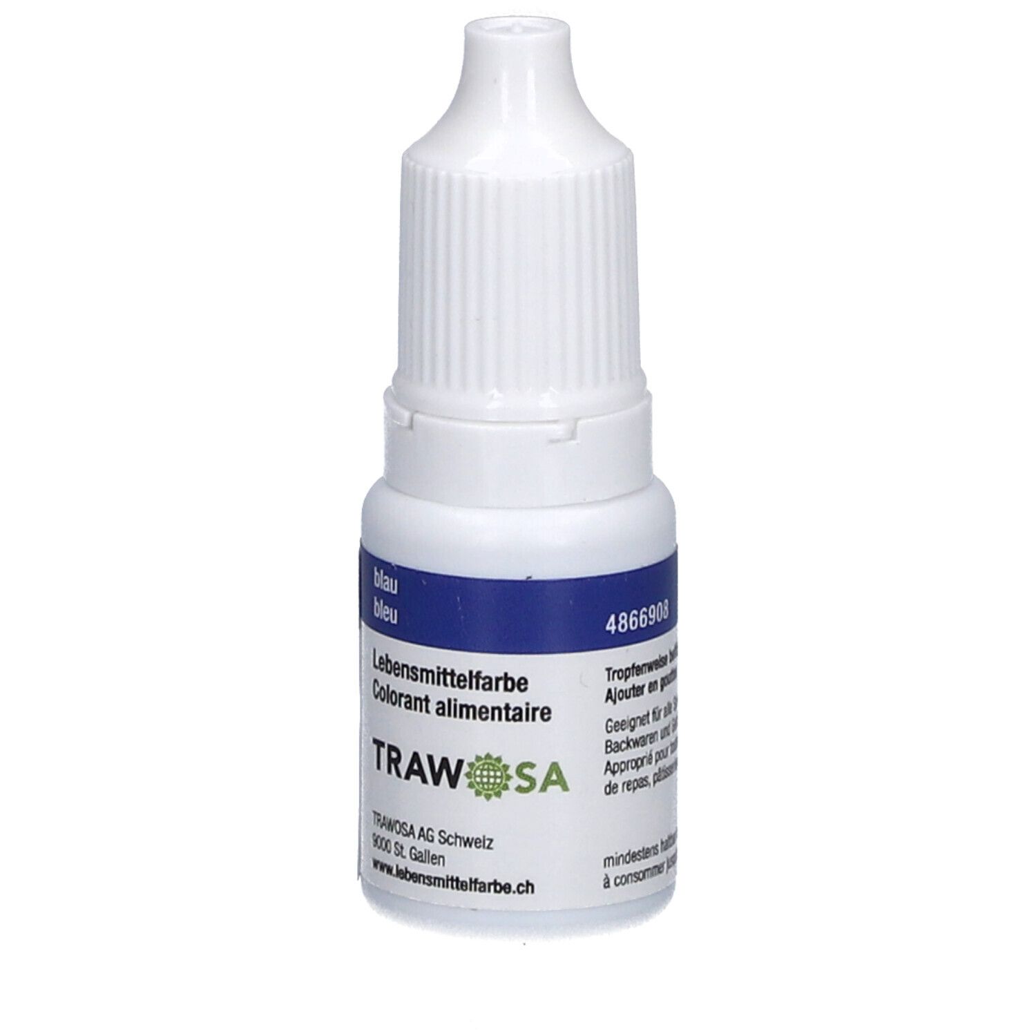 Blaue Lebensmittelfarbe in einer weißen Tropfflasche. Aufschrift: TRAWOSA, blau, bleu, Colorant alimentaire, 4866908.
