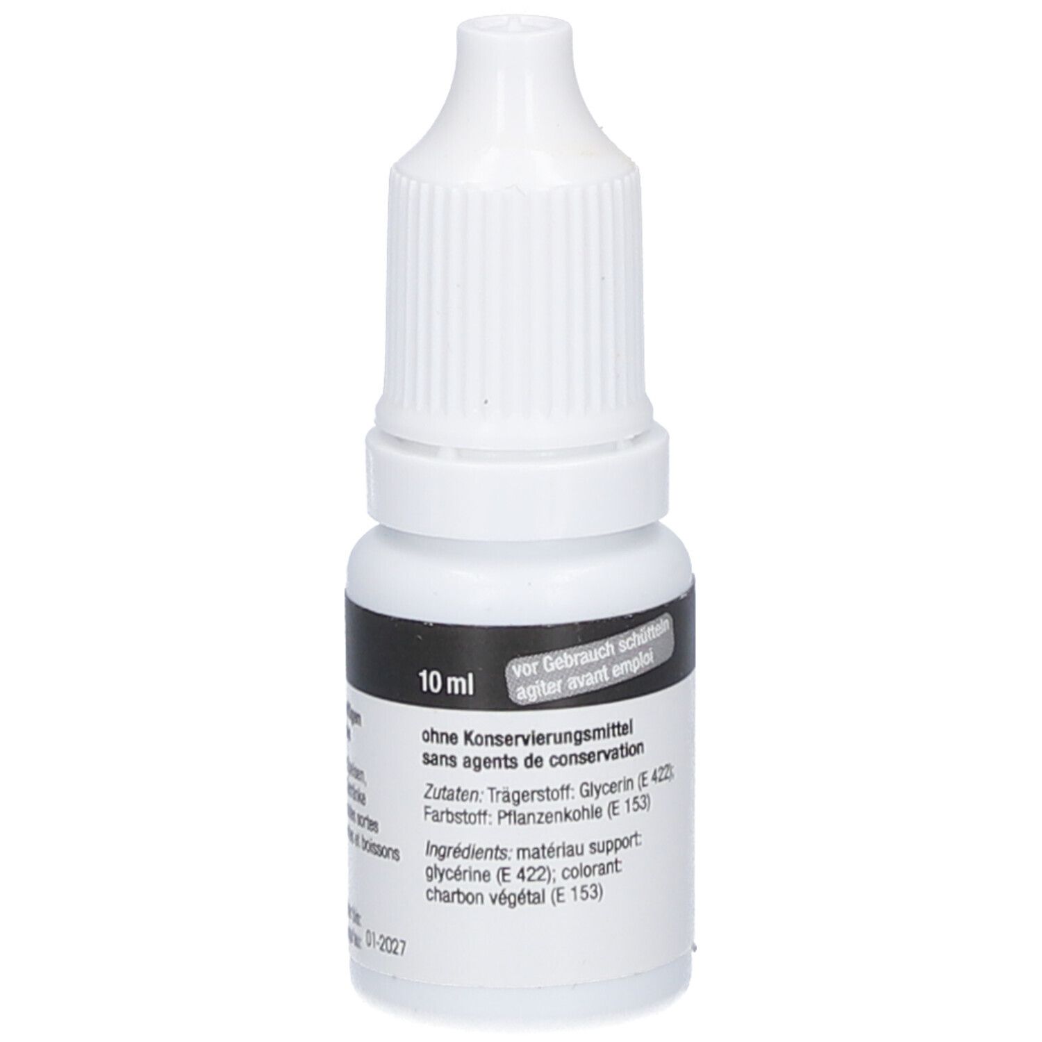 Weiße Flasche mit schwarzem Etikett. Aufschrift: 10 ml, Zutaten, TRAWOSA. Tropfflasche.