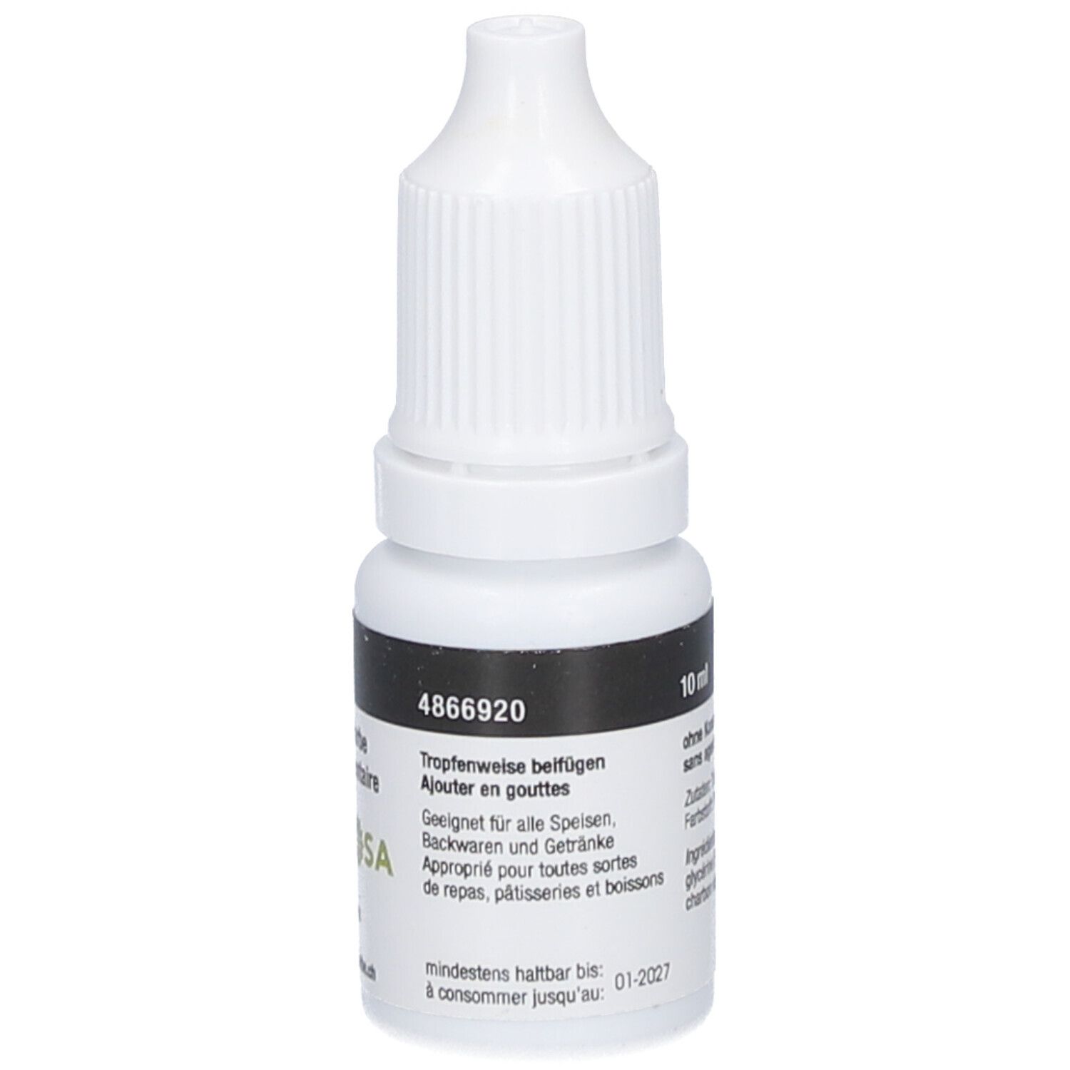 Weiße Flasche mit schwarzem Etikett. Aufschrift: 10 ml, TRAWOSA, Mindestens haltbar bis 01-2027. Tropfflasche.
