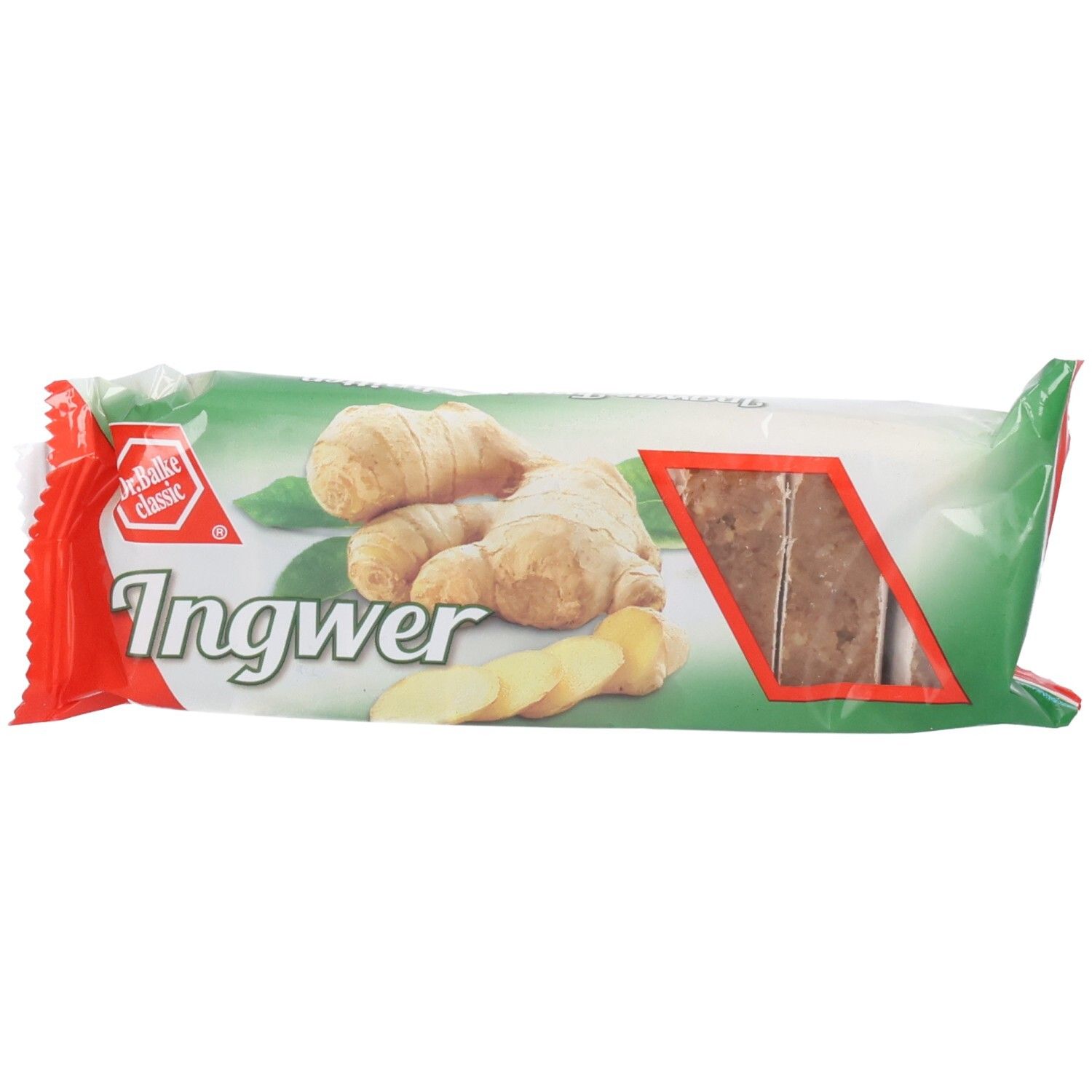 Verpackung mit Ingwer-Honig. Grün-weißes Design mit Ingwer-Abbildung und roter Schrift. Sichtfenster zeigt Produkt.