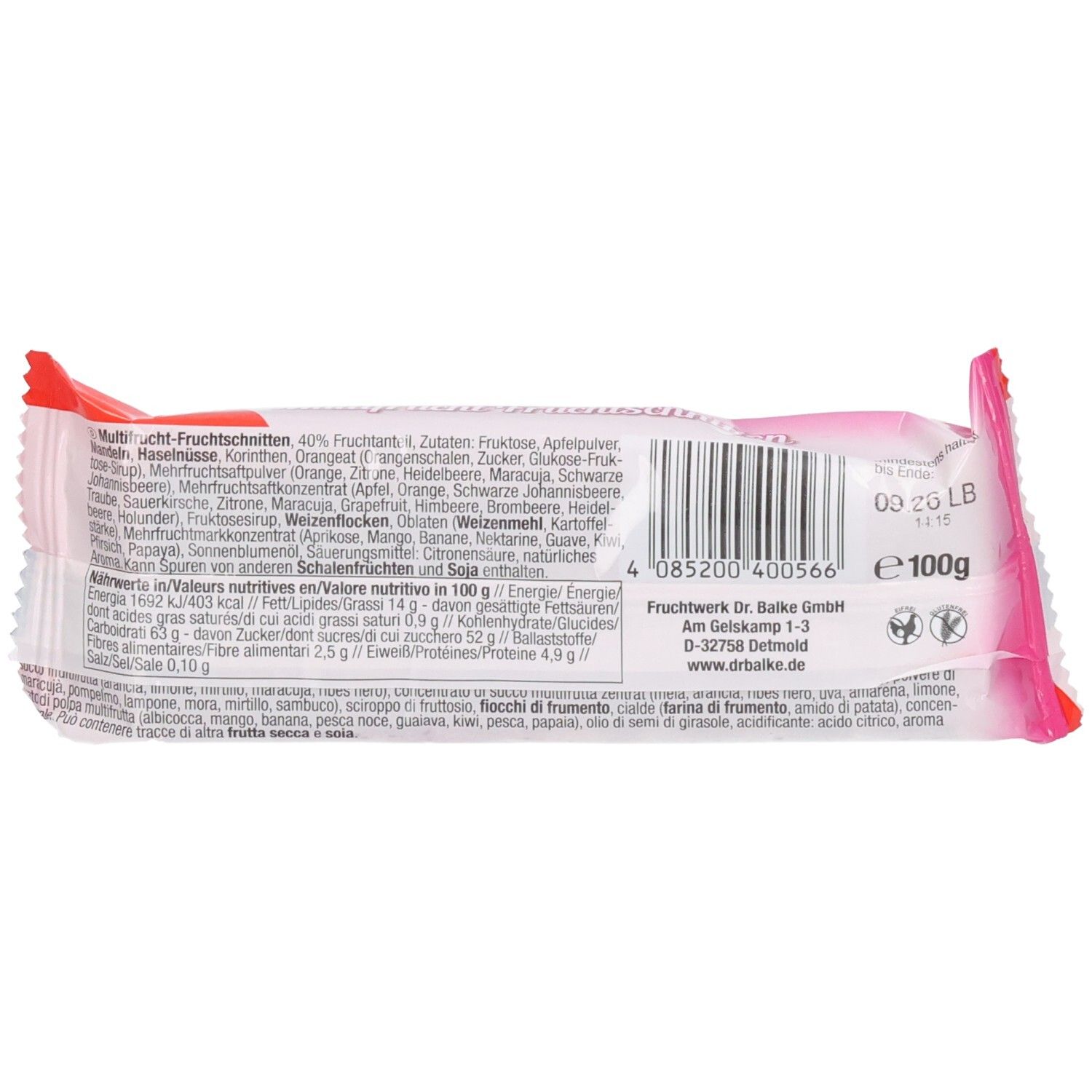 Rückseite der "Multifrucht"-Riegel-Verpackung. Enthält Zutatenliste, Nährwertangaben und Herstellerinformationen.