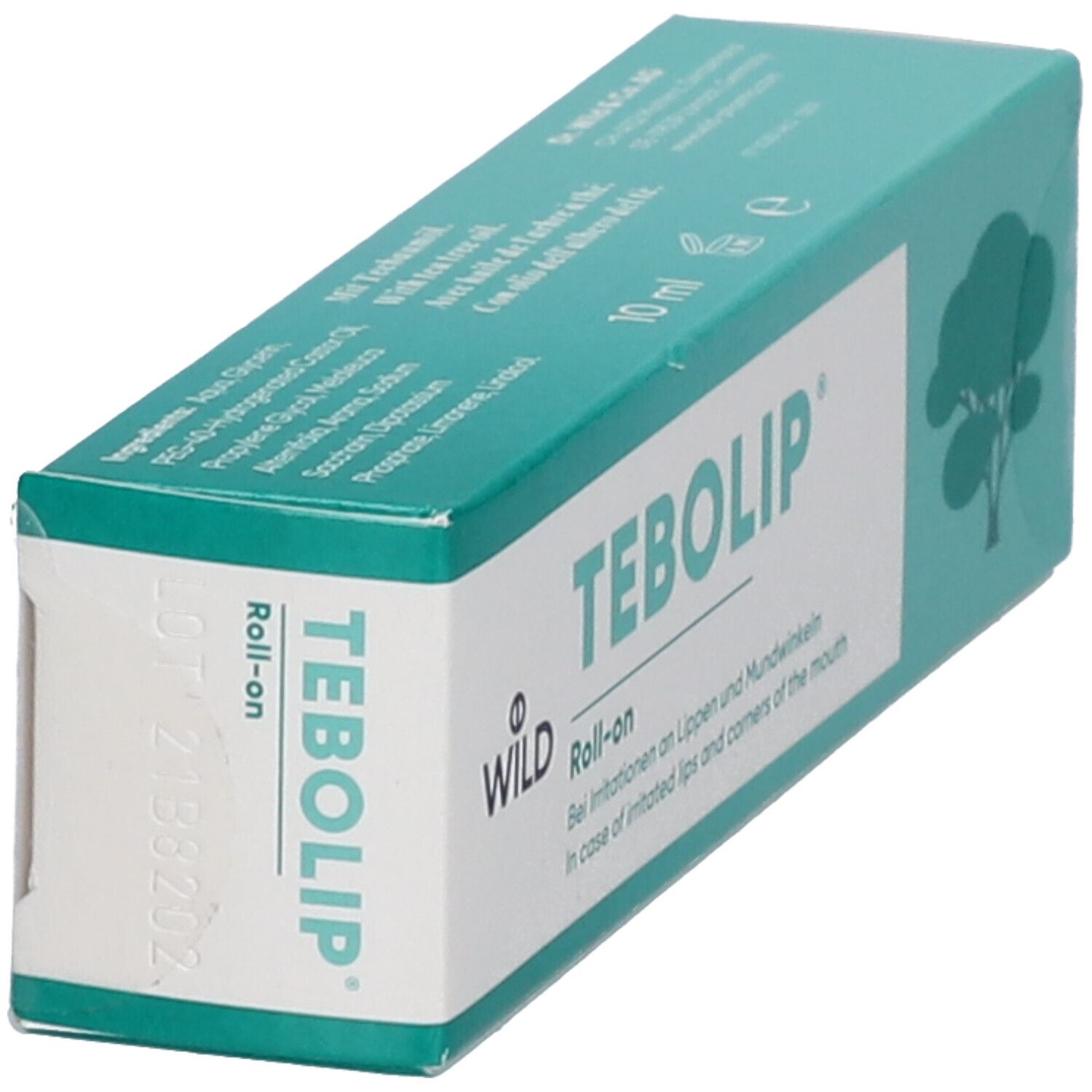Boîte turquoise avec le nom du produit TEBOLIP. Inscription : Roll-on. Logo d'arbre. Texte en allemand et en anglais. Vue en angle.