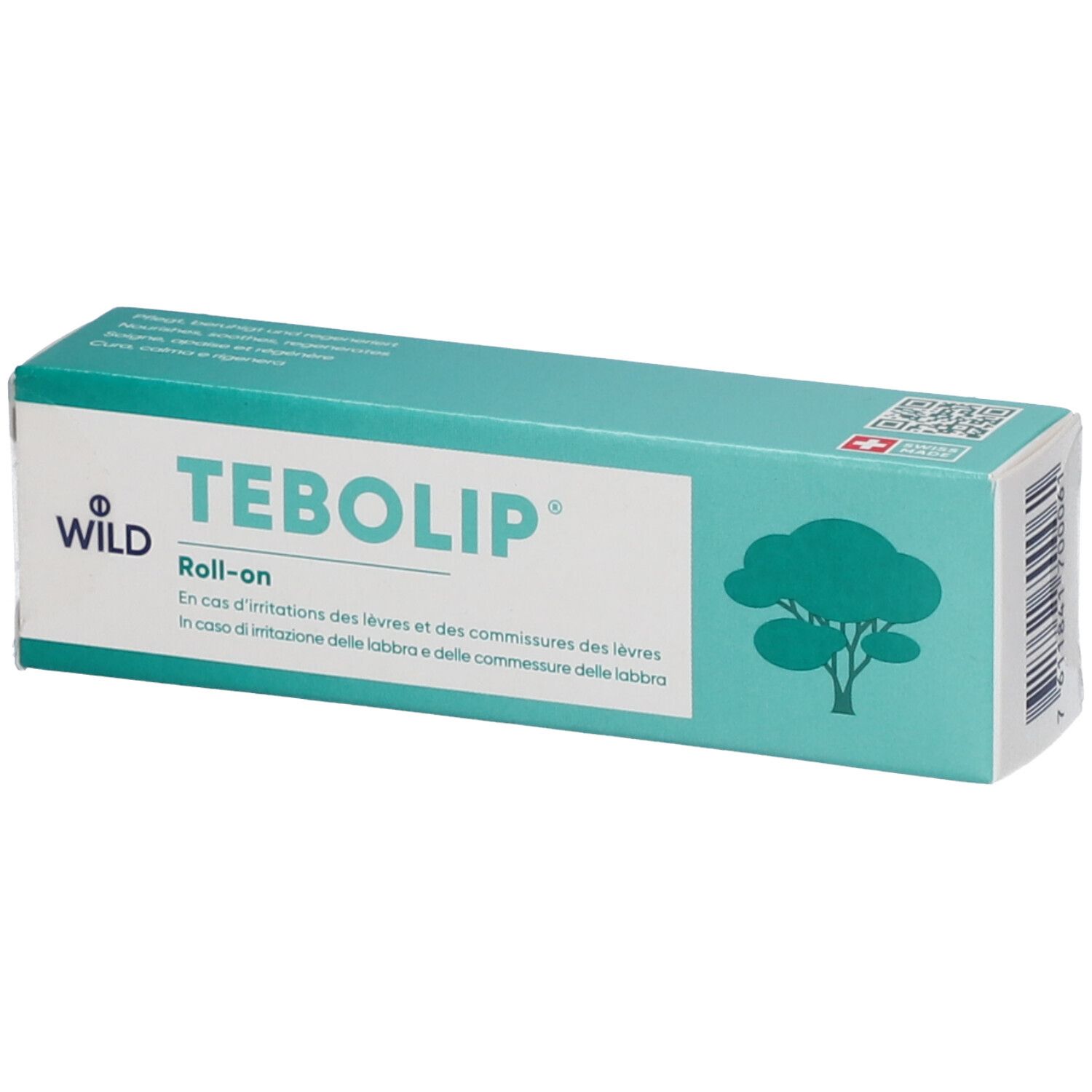 Boîte turquoise avec le nom du produit TEBOLIP. Inscription : Roll-on. Logo d'arbre. Texte en allemand, italien et anglais.