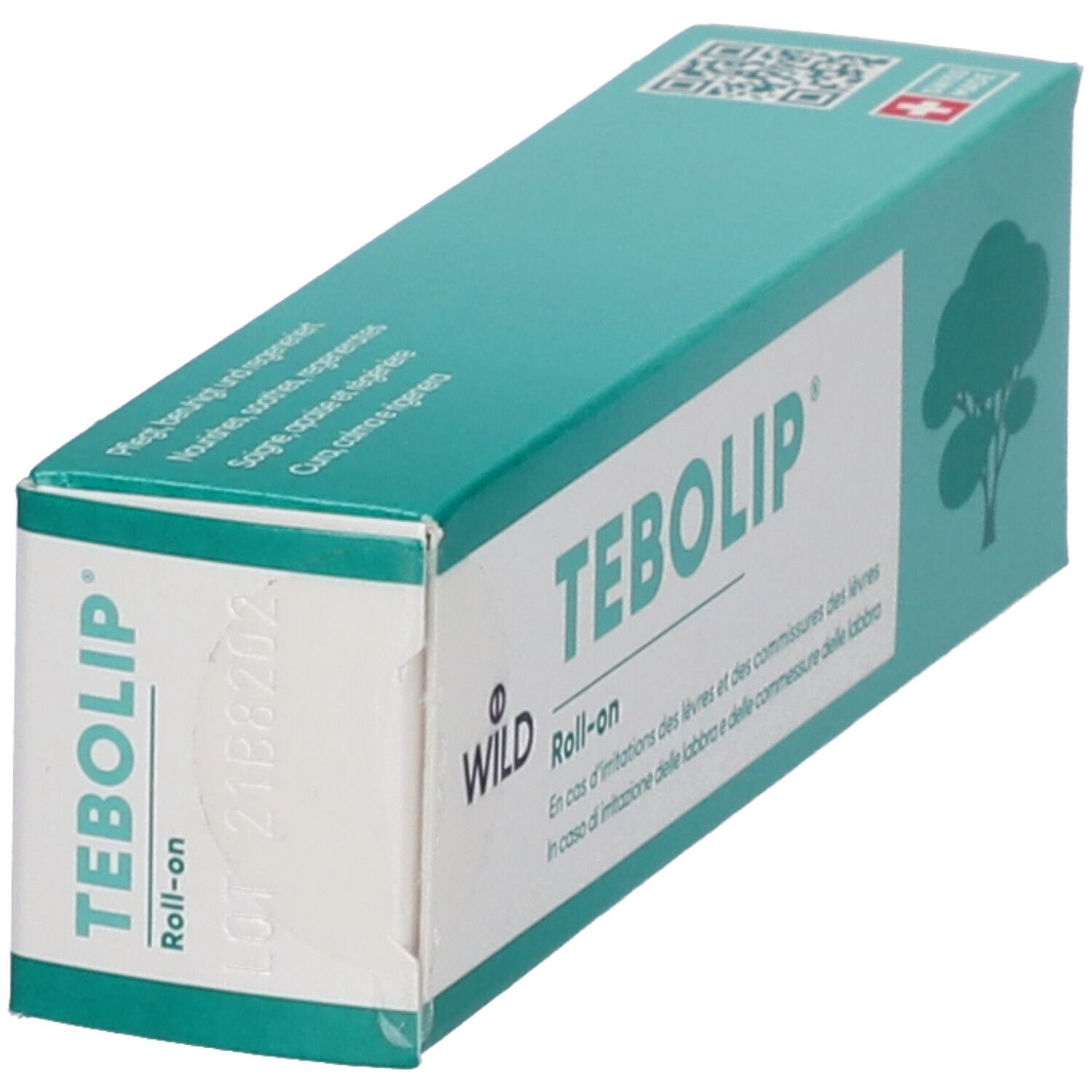 Boîte turquoise avec le nom du produit TEBOLIP. Inscription : Roll-on. Logo d'arbre. Texte en allemand, italien et anglais. Vue en angle.