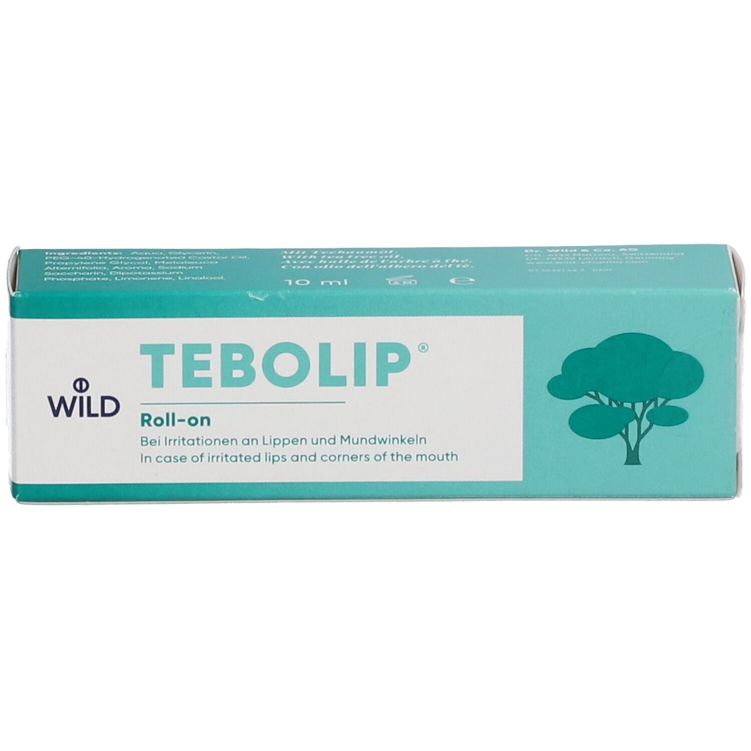Boîte turquoise avec le nom du produit TEBOLIP. Inscription : Roll-on. Logo d'arbre. Texte en allemand et en anglais.