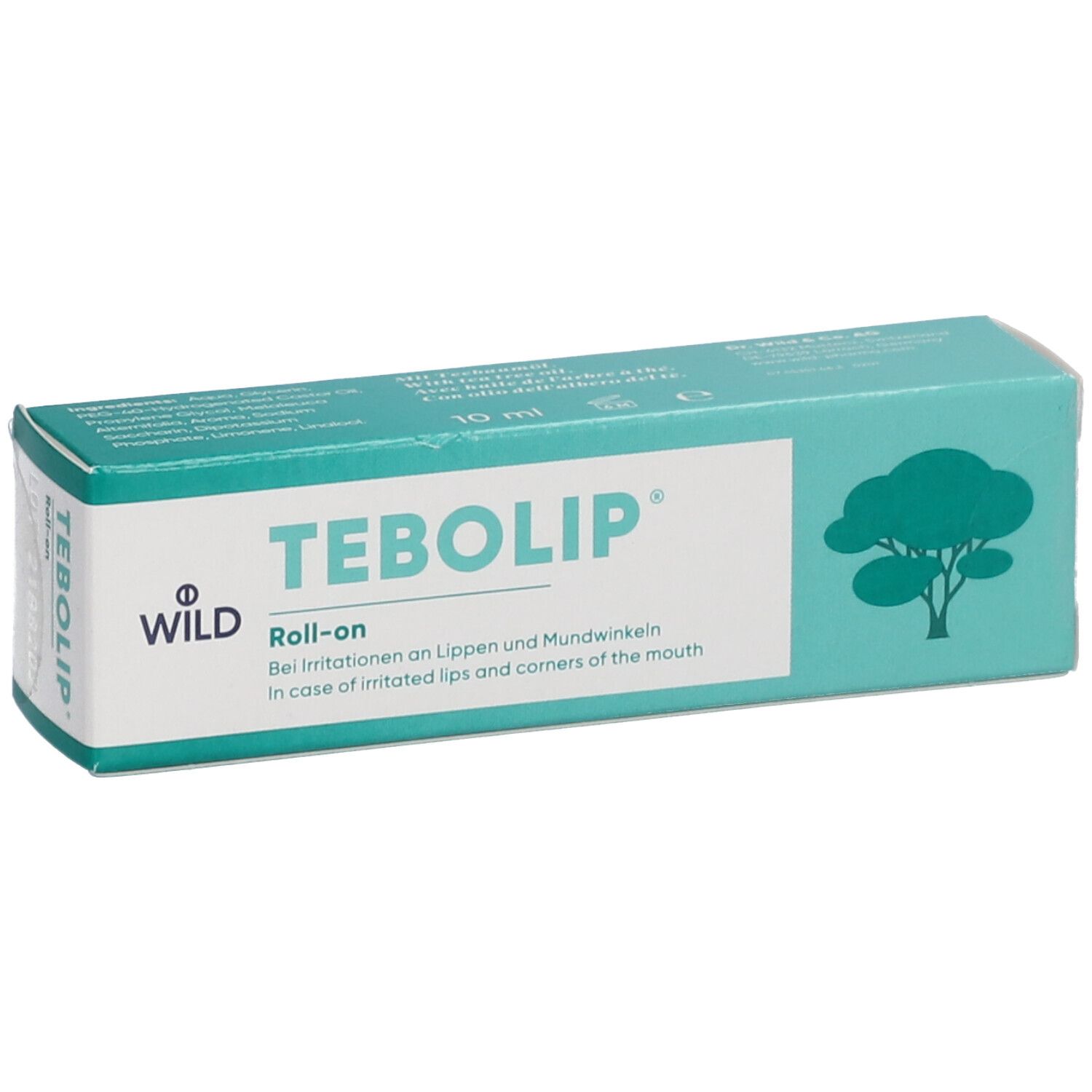 Boîte turquoise avec le nom du produit TEBOLIP. Inscription : Roll-on. Logo d'arbre. Texte en allemand et en anglais.