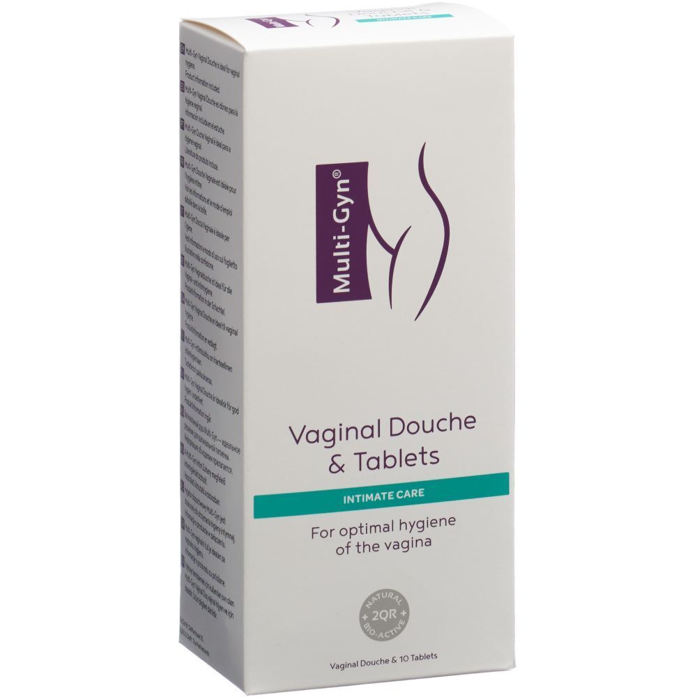 Weißer Karton mit "Multi-Gyn"-Logo und Produktbezeichnung "Vaginaldusche & Tabletten". Enthält 10 Tabletten.