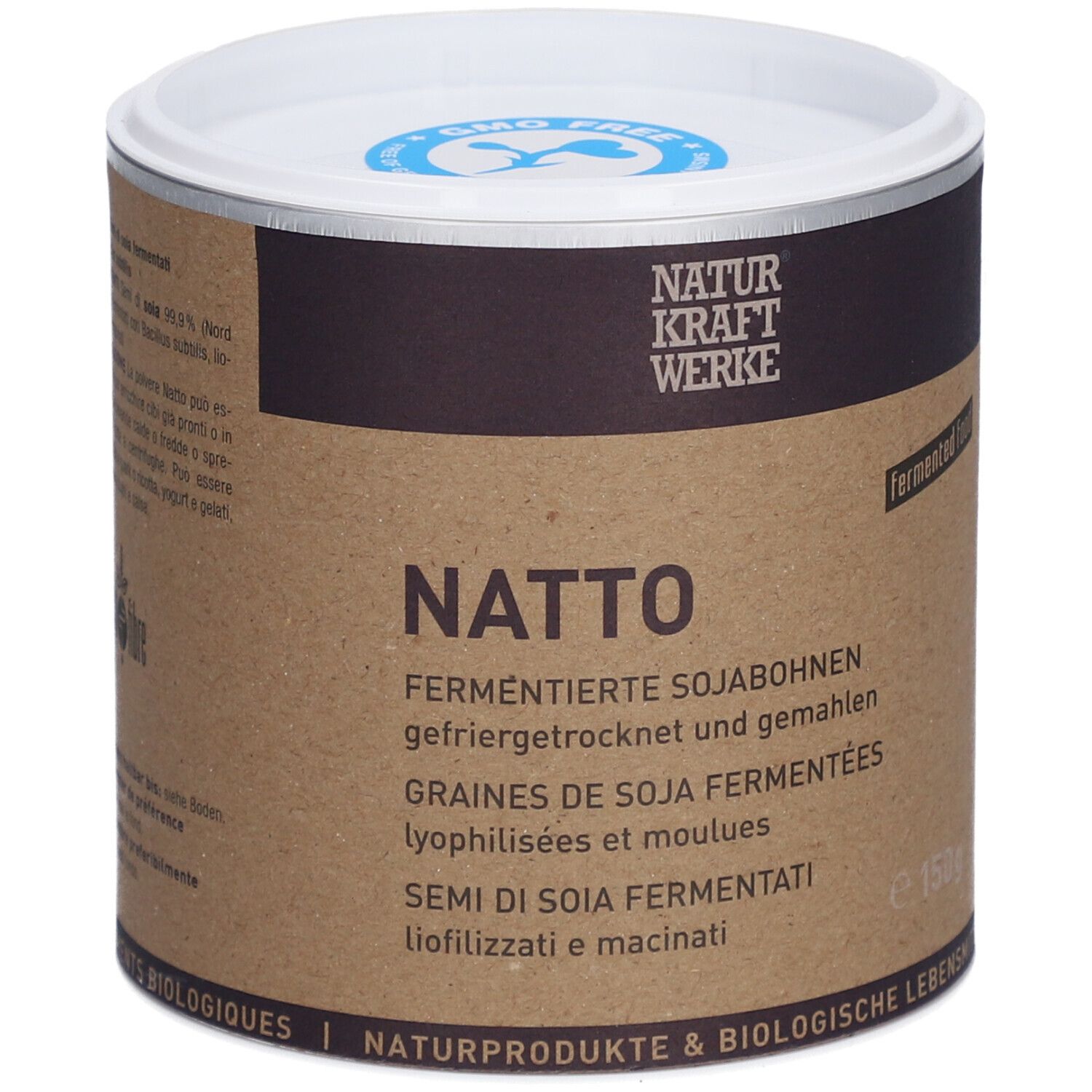 Zylinderförmige Dose mit NATTO-Aufschrift. Brauner Behälter mit weißem Deckel. Marke NATURKRAFTWERKE.