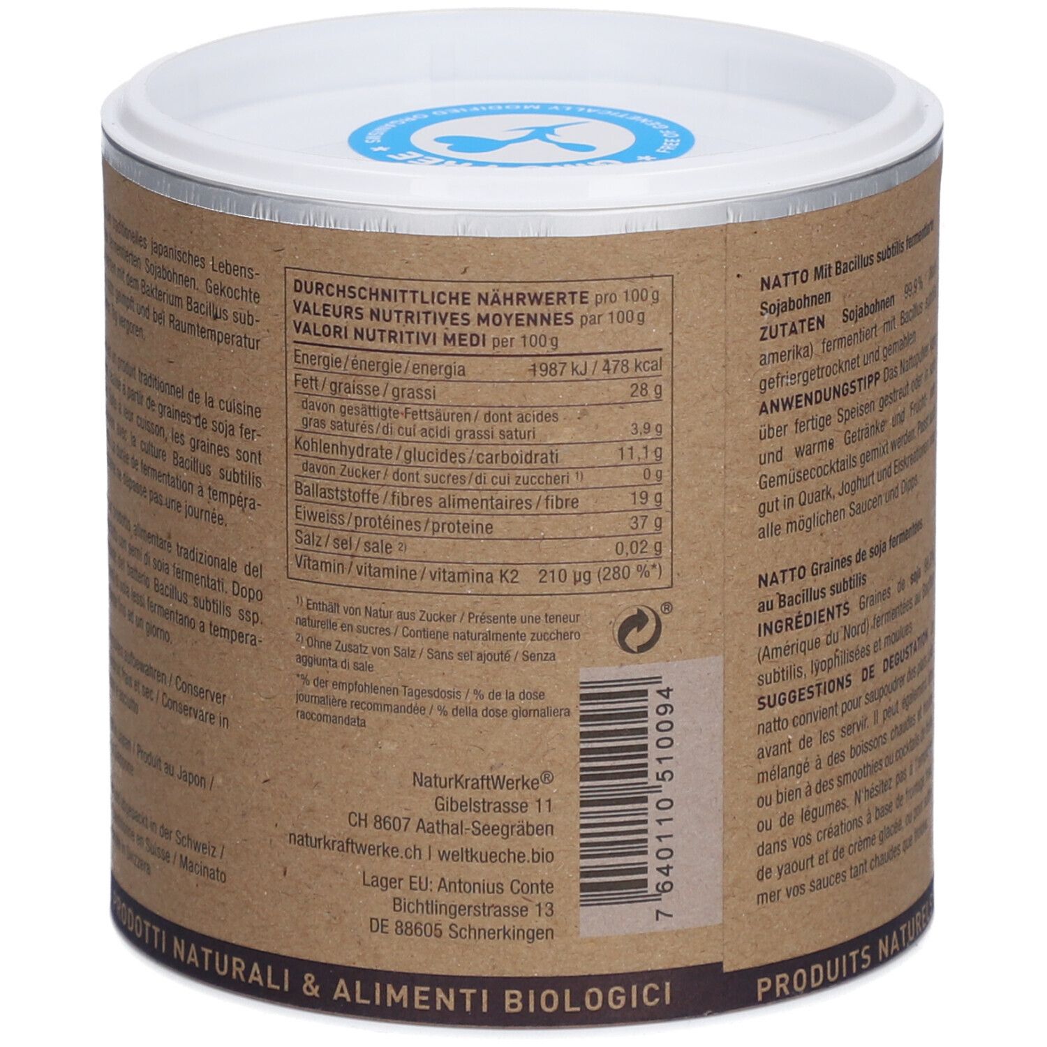 Dose mit Nährwertangaben. Energie, Fett, Kohlenhydrate, Eiweiß, Ballaststoffe, Salz, Vitamin K2. Marke NATURKRAFTWERKE.