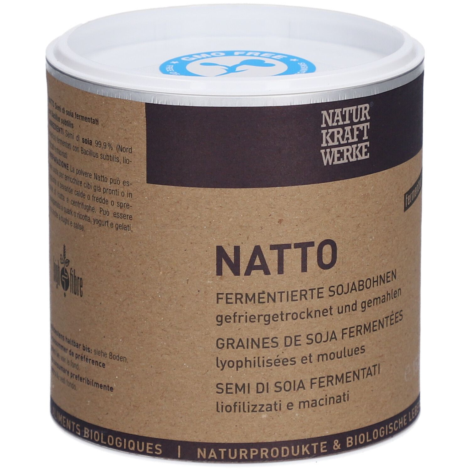 Zylinderförmige Dose mit NATTO-Aufschrift. Brauner Behälter mit weißem Deckel. Marke NATURKRAFTWERKE.