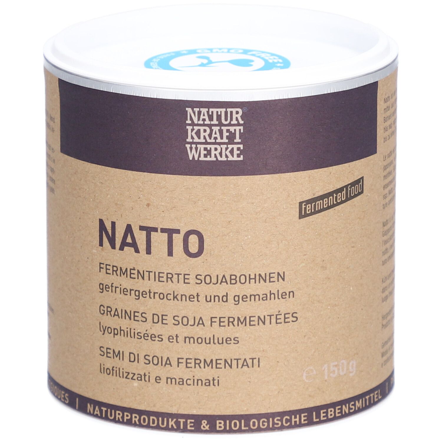 Zylinderförmige Dose mit NATTO-Aufschrift. Brauner Behälter mit weißem Deckel. 150g. Fermented food.