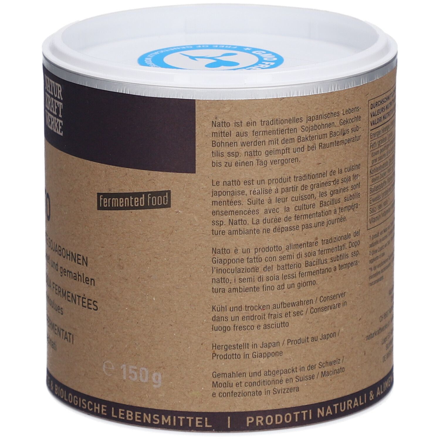 Dose mit Text. Beschreibung von NATTO. 150g. Fermented food. Hergestellt in Japan. Produkt aus Japan.