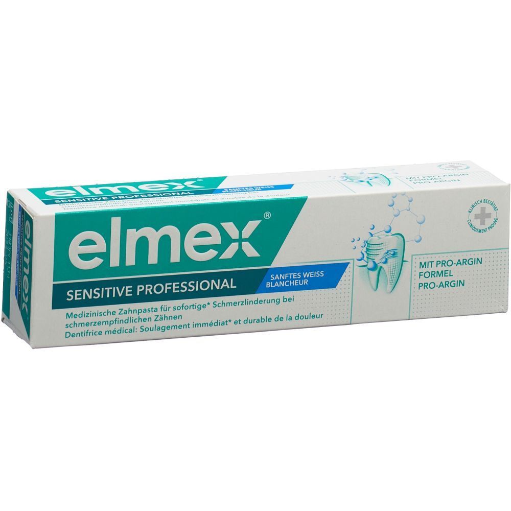 Zahnpasta-Verpackung, weiß-grün. Aufschrift: elmex Sensitive Professional, Sanftes Weiss. Mit Pro-Argin Formel.