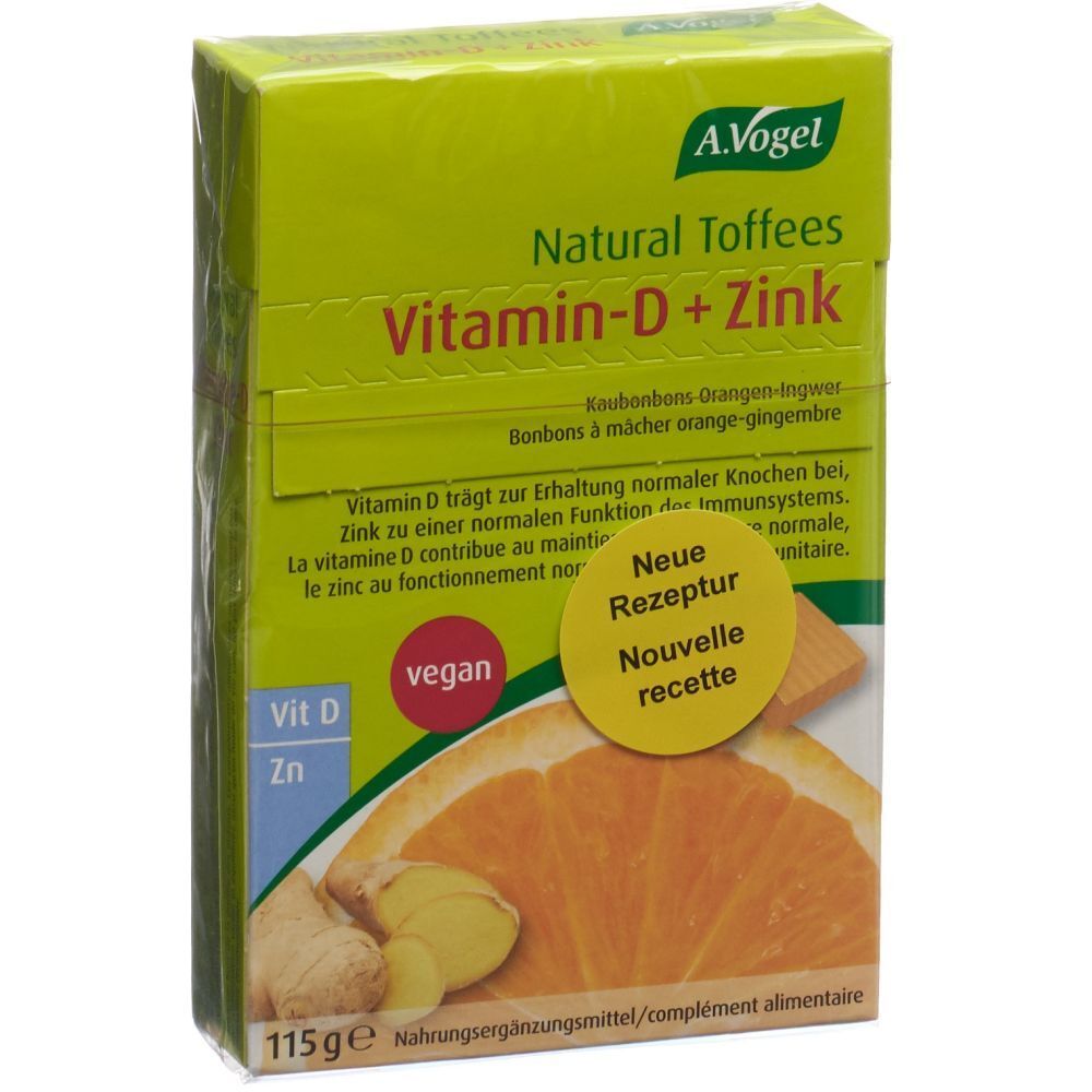 Grüne Verpackung mit A. Vogel-Logo und Aufschrift Vitamin D + Zink. Abbildung von Orange und Ingwer. Vegan.