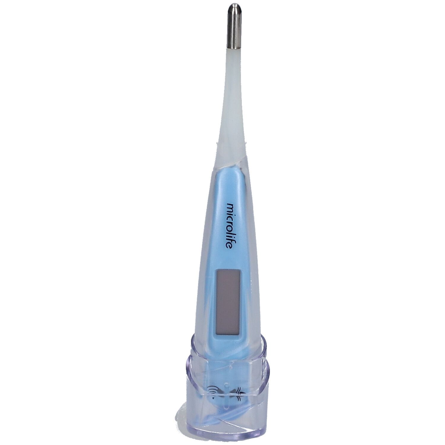Digitales Thermometer mit blauem Gehäuse und Display. In transparentem Halter. Marke: Microlife.