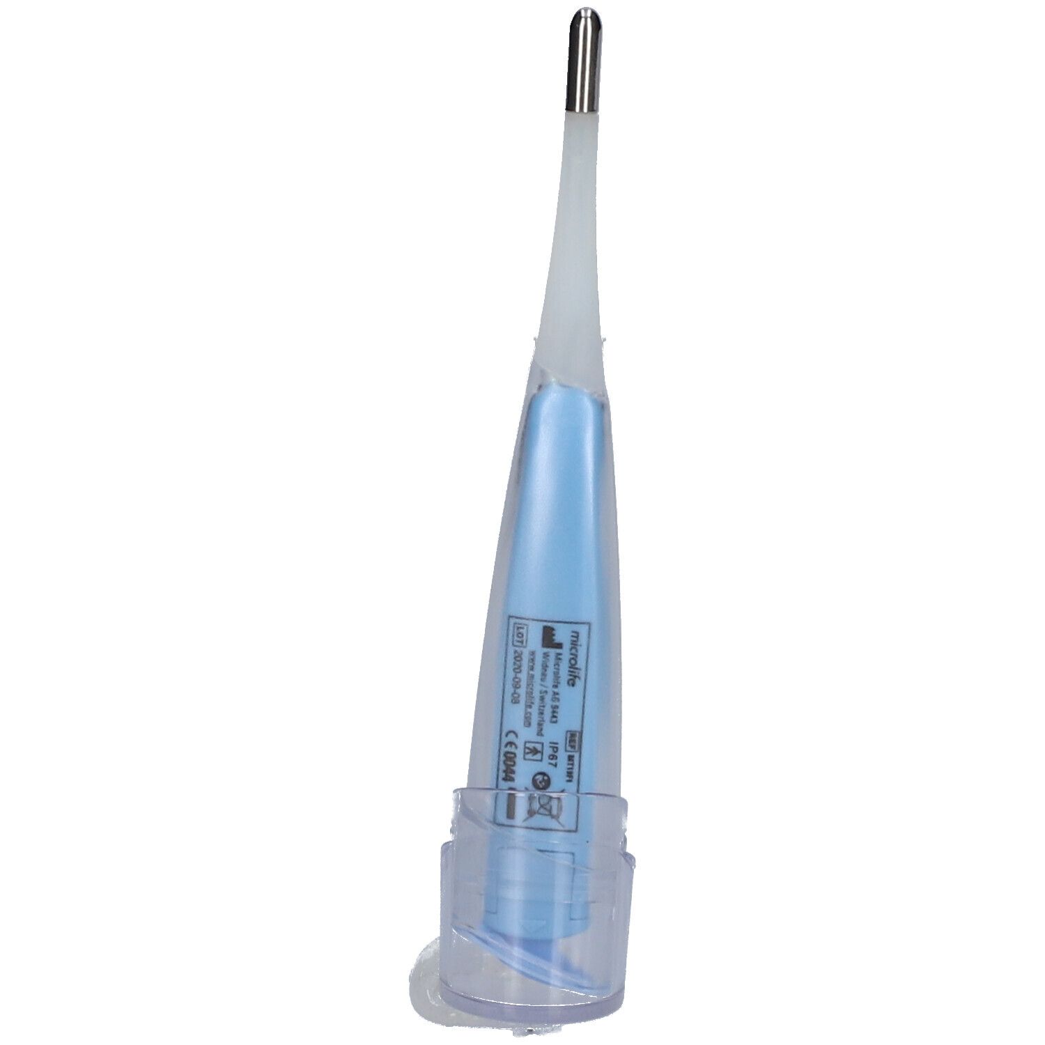Digitales Thermometer in blauem Gehäuse, teilweise in Schutzhülle. In transparentem Halter. CE-Zeichen.