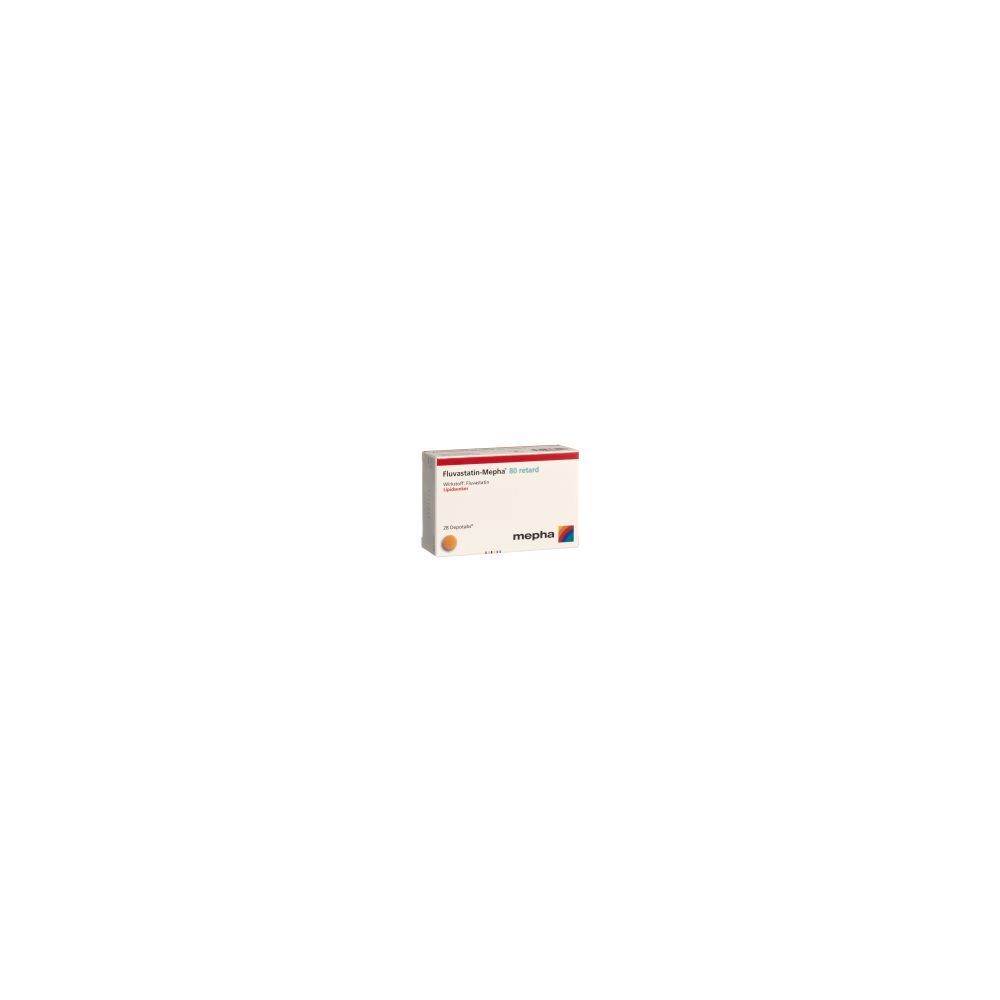 Karton FLUVASTATIN Mepha retard Depotabs 80 mg. Rote und schwarze Schrift auf weißem Grund. Logo Mepha.
