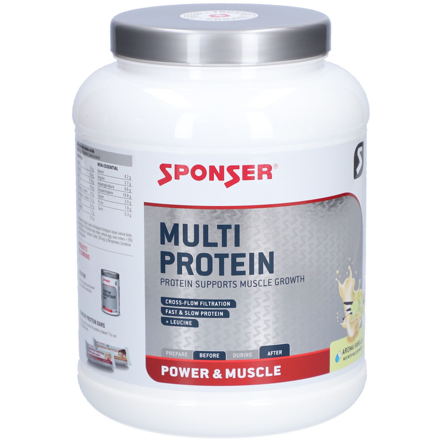 Weißes Proteinpulver-Behälter mit silbernem Deckel. Aufschrift: SPONSER, MULTI PROTEIN, Power & Muscle. Enthält Leucin.