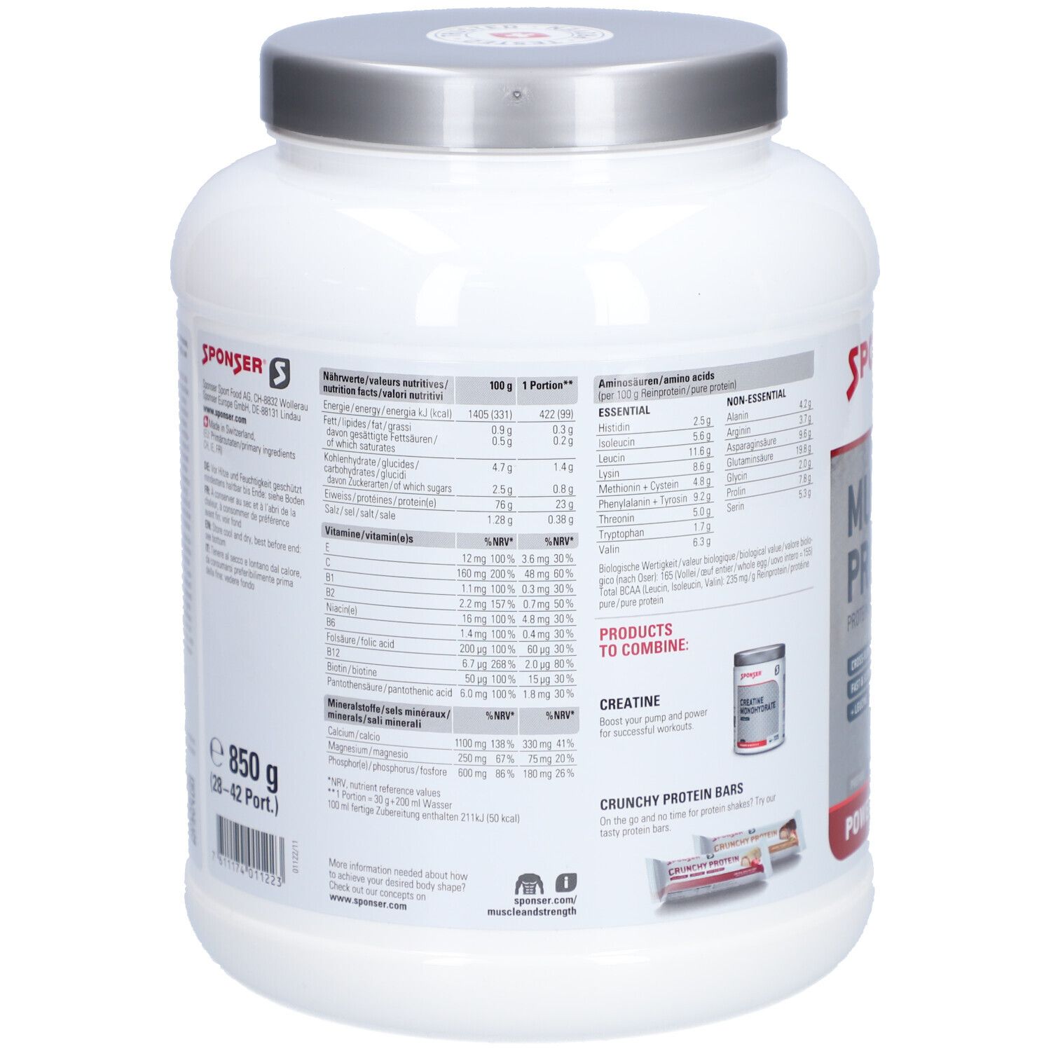 Rückseite des weißen Proteinpulver-Behälters. Enthält Nährwertangaben, Aminosäuren, Vitamine und Mineralstoffe. 850 g.