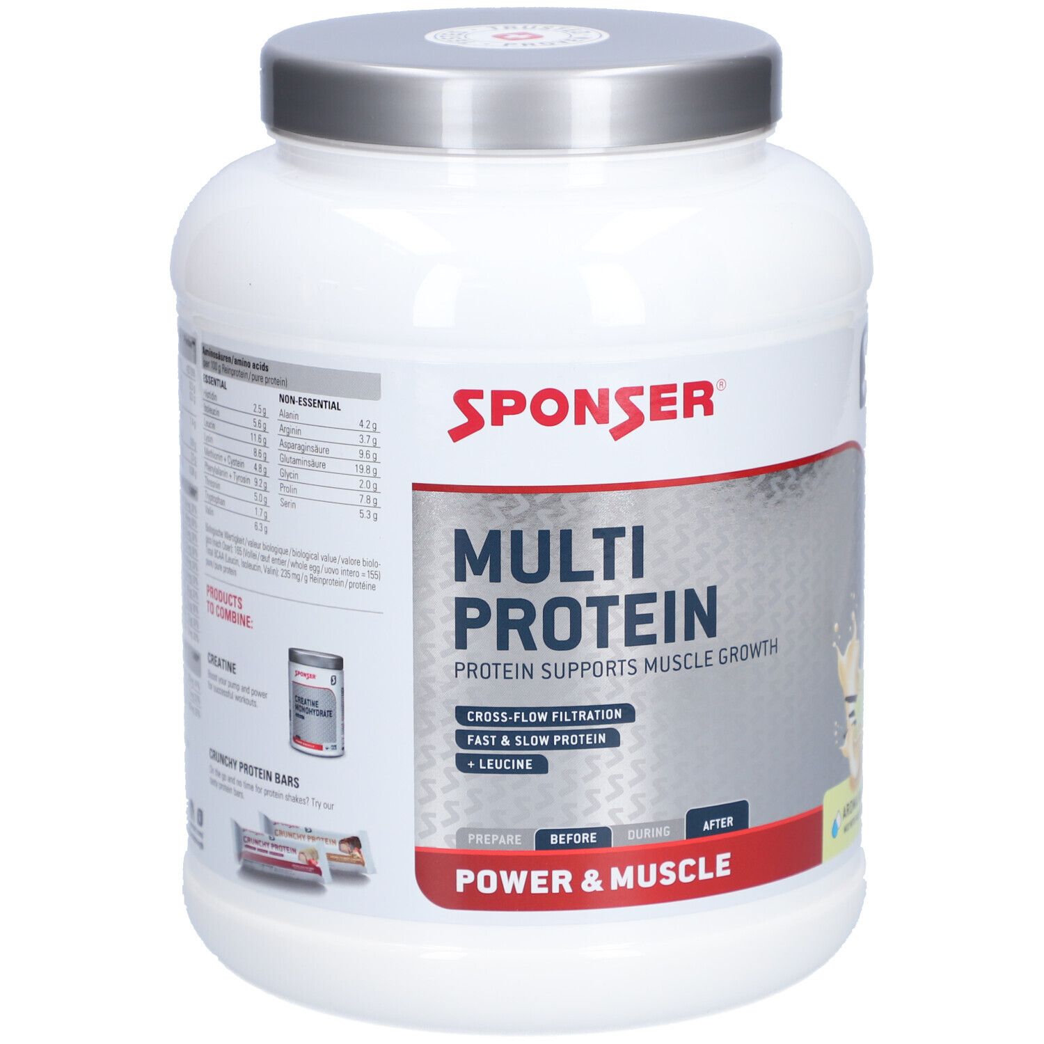 Weißer Proteinpulver-Behälter mit silbernem Deckel. Aufschrift: SPONSER, MULTI PROTEIN, Power & Muscle. Enthält Leucin.