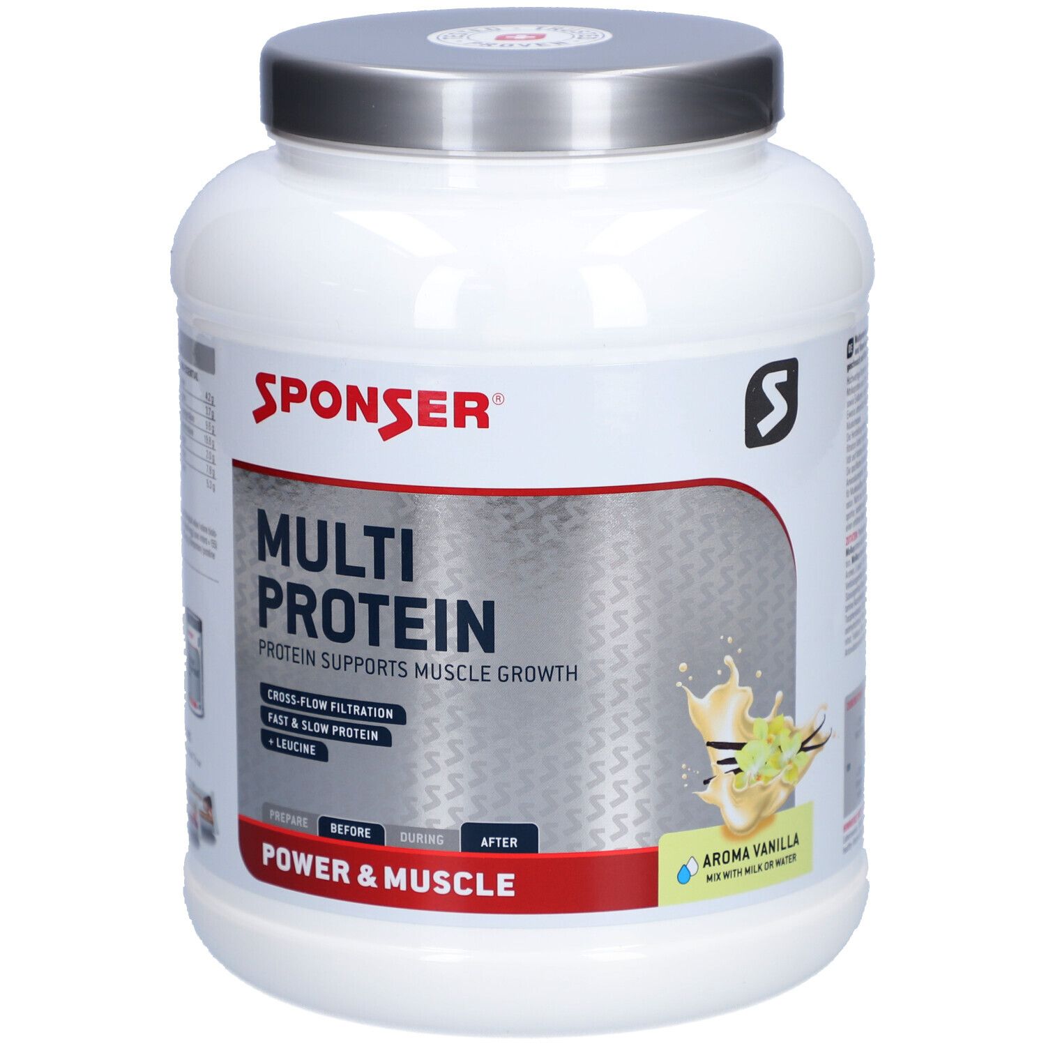 Weißer Proteinpulver-Behälter mit silbernem Deckel. Aufschrift: SPONSER, MULTI PROTEIN, Power & Muscle. Aroma Vanille.