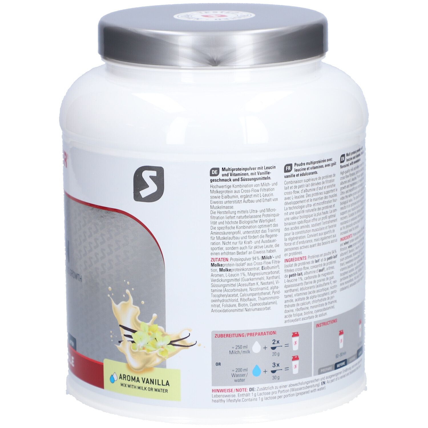 Rückseite des weißen Proteinpulver-Behälters. Text in mehreren Sprachen. Aroma Vanille. Zubereitungshinweise.